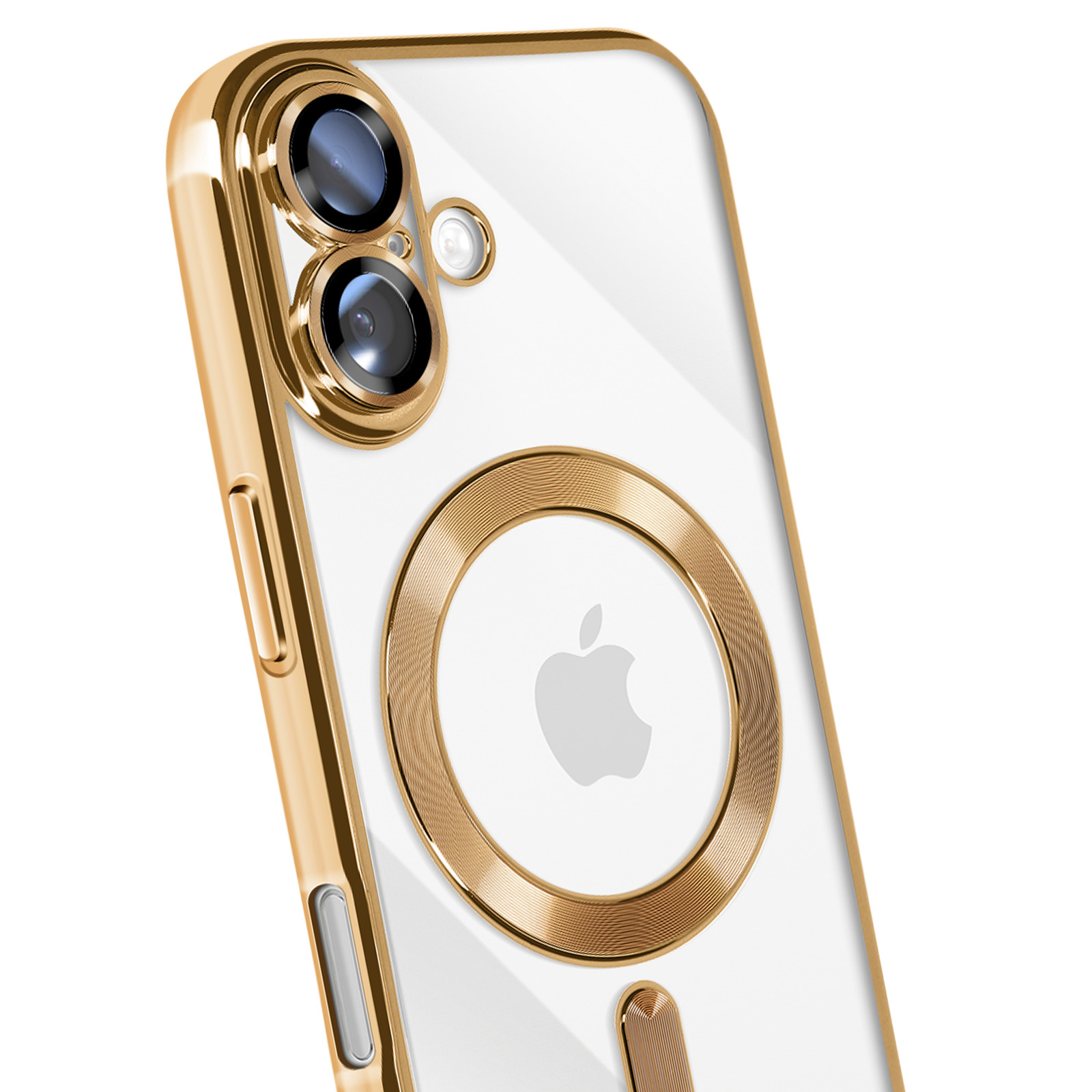 Un étui de téléphone doré. Il a un dos transparent avec un logo Apple et des accents dorés autour.