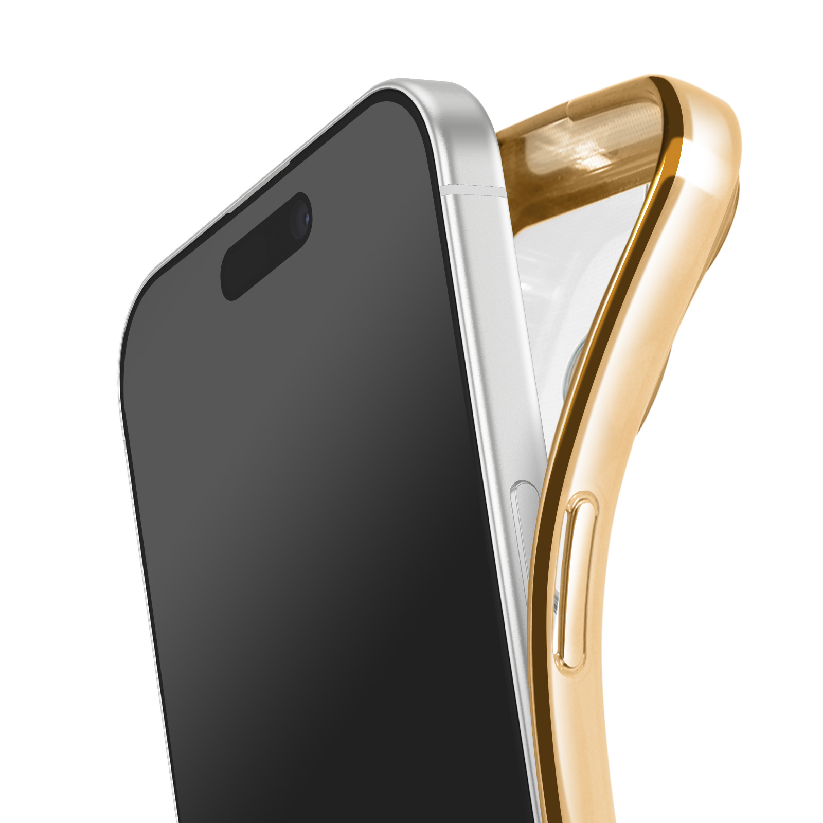 Un smartphone avec écran noir et étui doré. Le téléphone a des bords argentés.