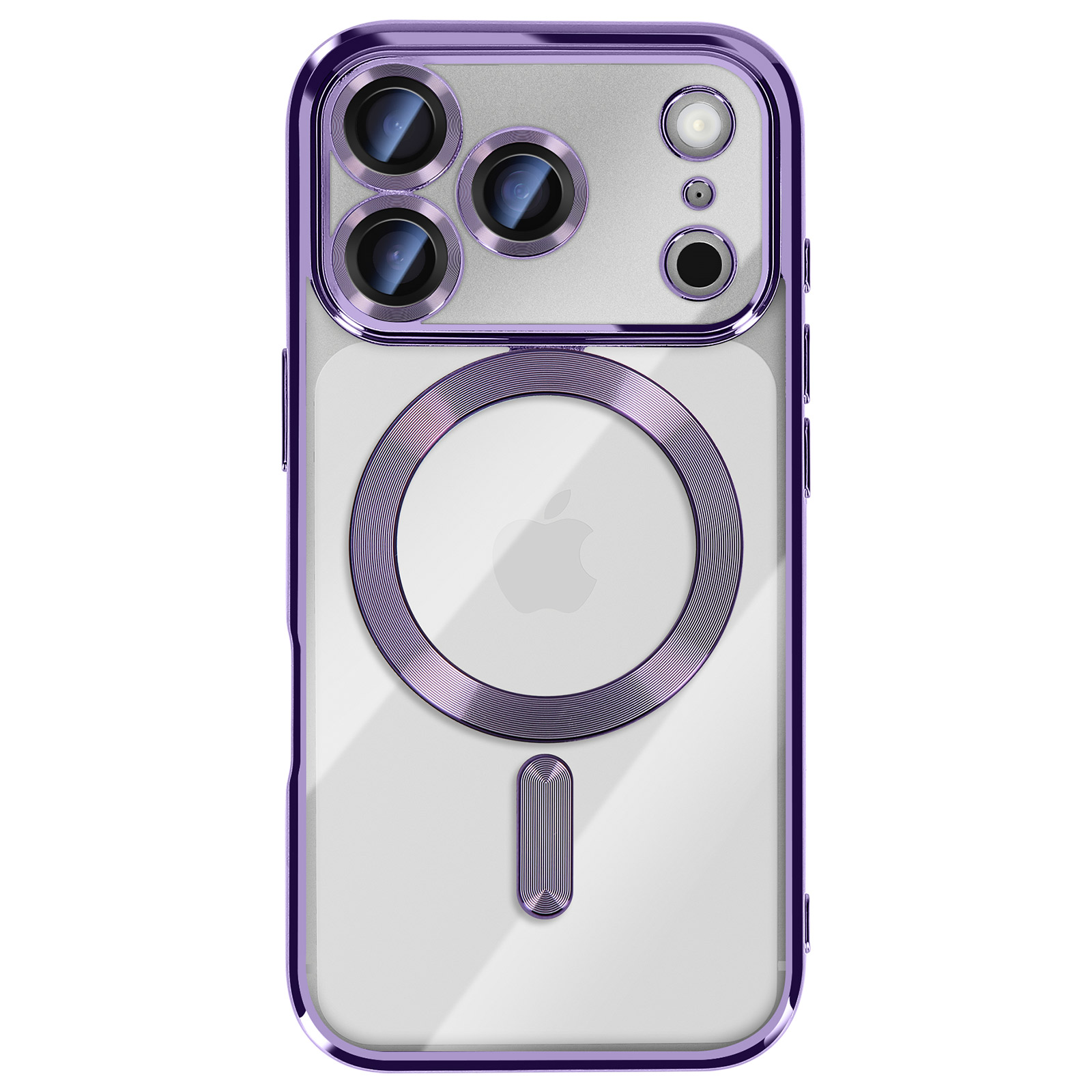 Transparante telefoonhoes met paars frame. Het heeft uitsparingen voor de camera en een cirkelvormige magnetische ring. Apple-logo zichtbaar.