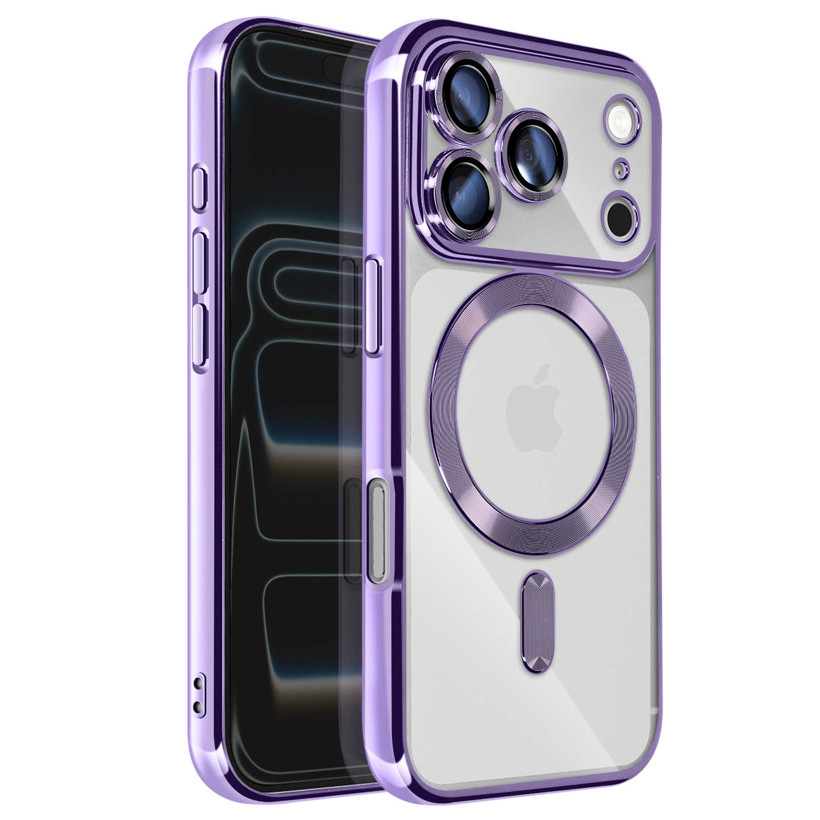Een telefoonhoesje met een paars frame. De telefoon binnenin is zichtbaar. De hoes heeft een camera-uitsparing en een Apple-logo.