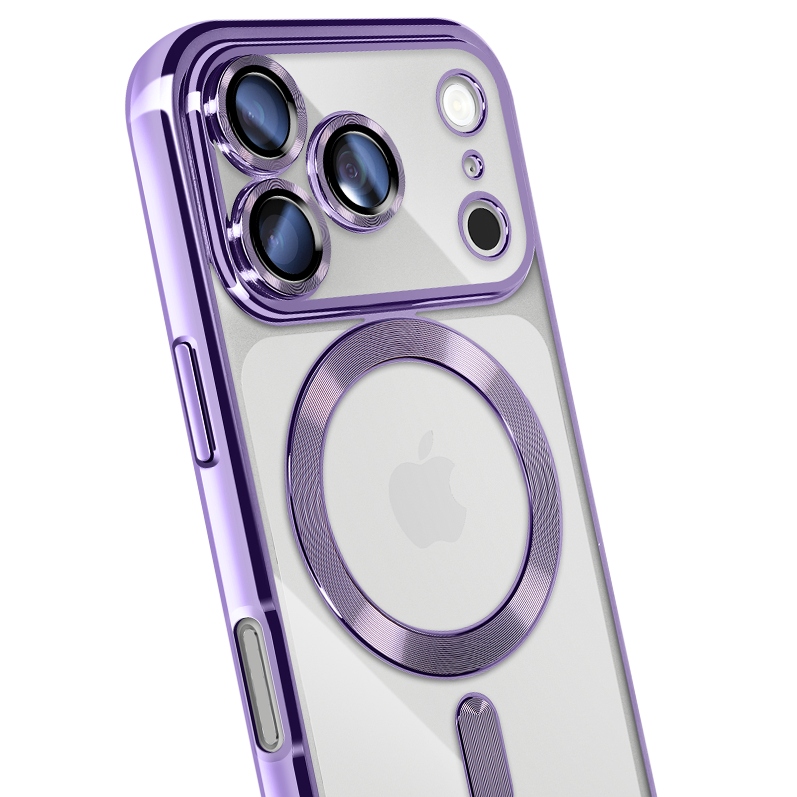 Een paarse iPhone-hoes met meerdere cameralenzen en een cirkelvormige magnetische ring op een witte achtergrond.