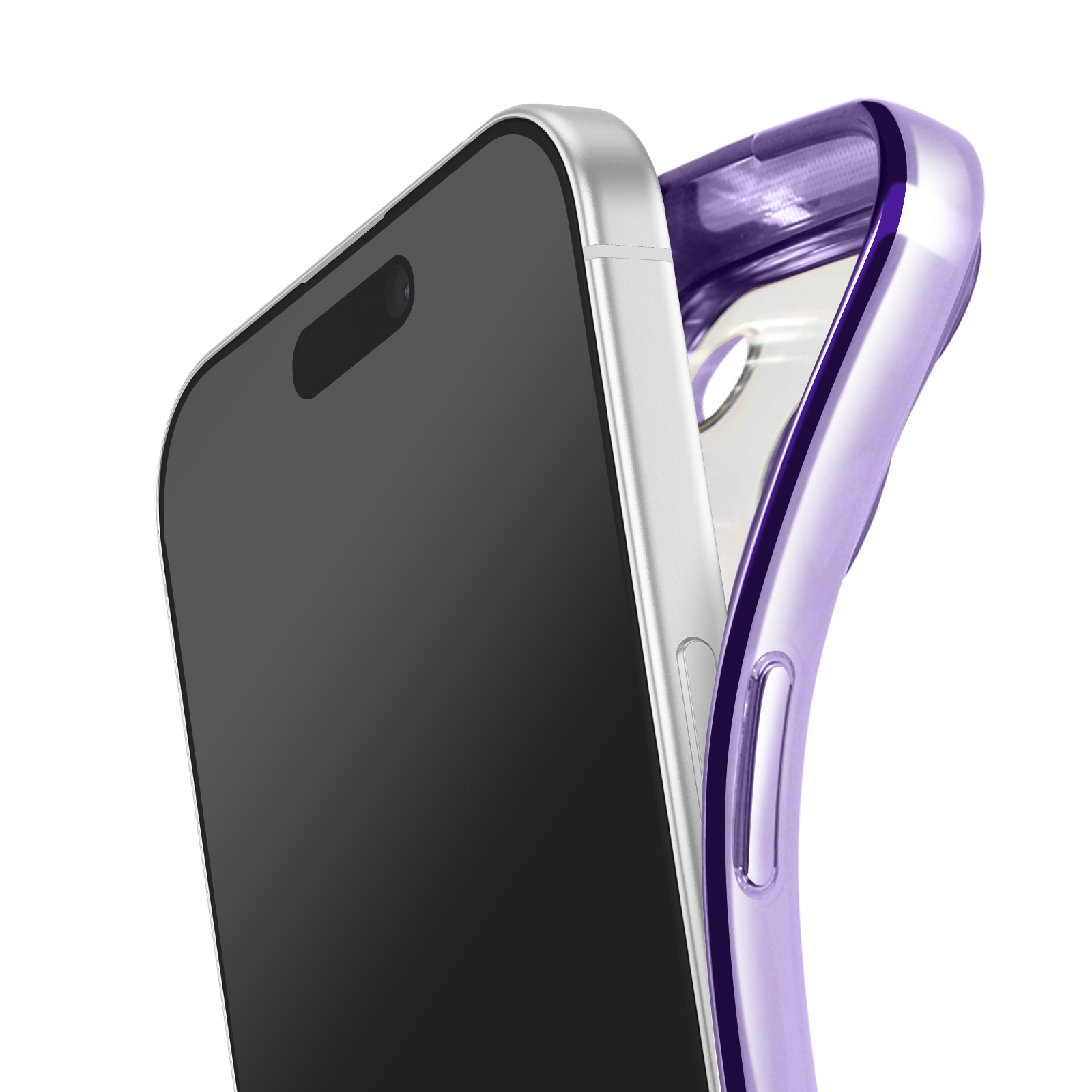 Een smartphone met een zwart scherm staat naast een paarse telefoonhoes, beide geïsoleerd op een witte achtergrond.