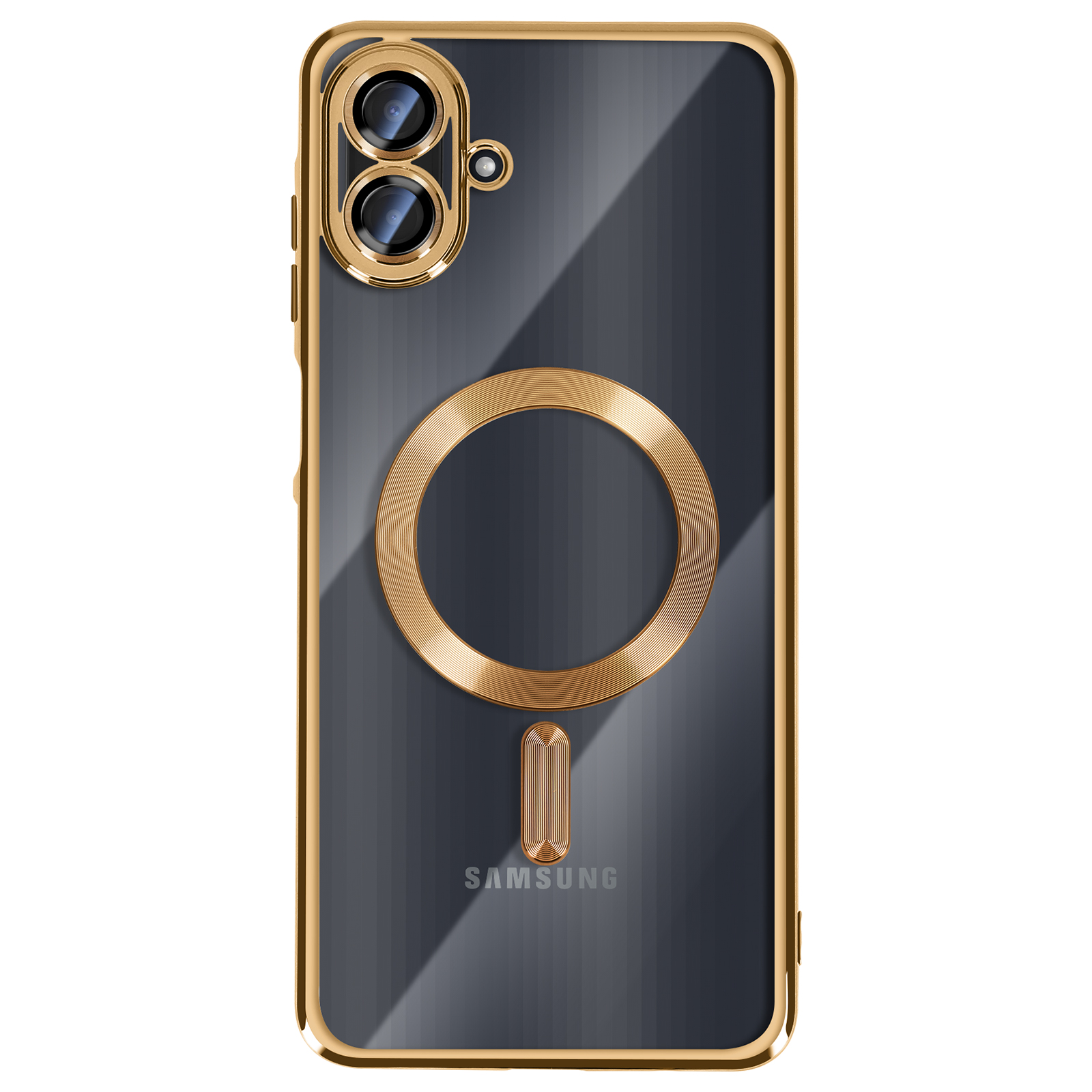 Goudkleurige telefoonhoes met camera-uitsparing, gouden ring en rechthoekig Samsung-logo, tegen een donkergrijze achtergrond.