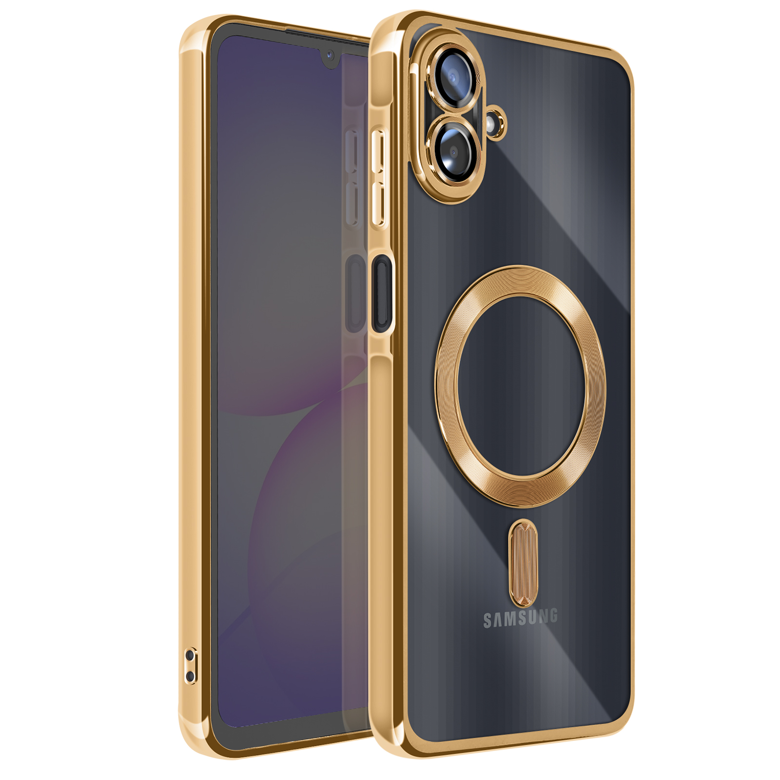 Een telefoon in een gouden hoesje. Het heeft een zwarte achterkant met een gouden ring en een gouden frame.