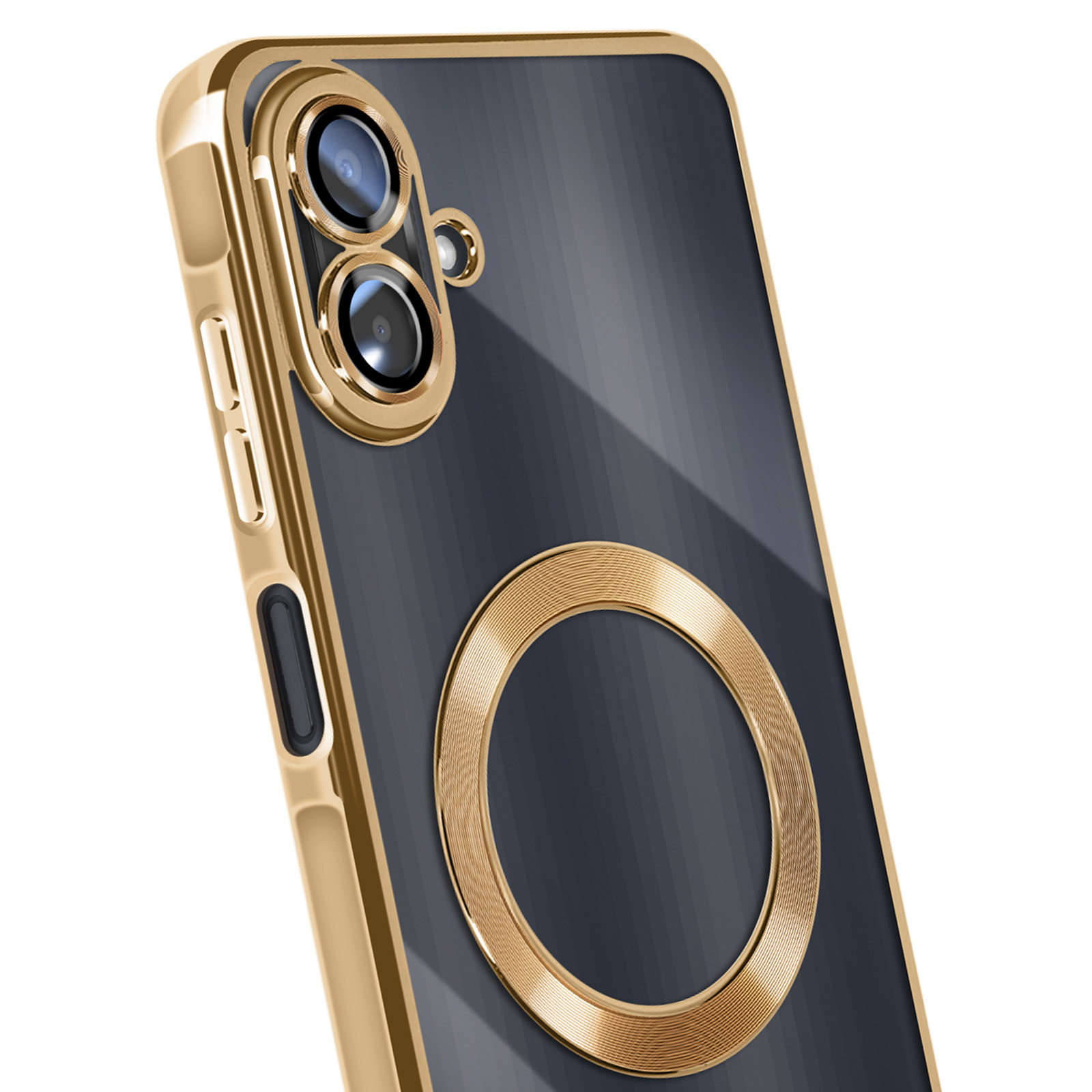 Gouden telefoonhoesje met dubbele camera's en een ring. Donkergrijze achterkant, gouden frame. Witte achtergrond.