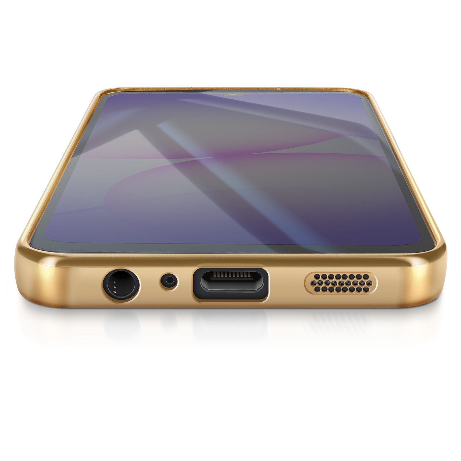 Een goudkleurige smartphone ligt op een wit oppervlak. Het scherm toont een kleurrijk abstract ontwerp.