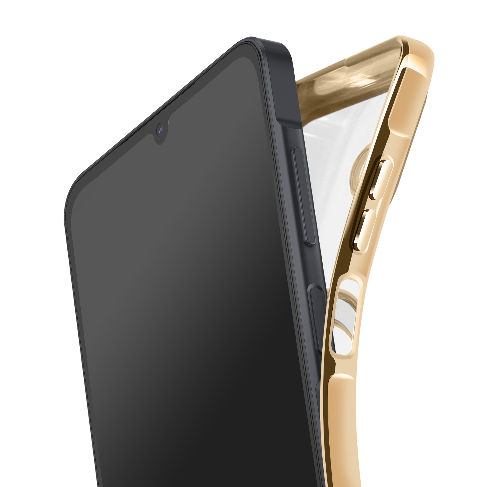Een smartphone met een zwart scherm staat naast een gouden telefoonhoesje.