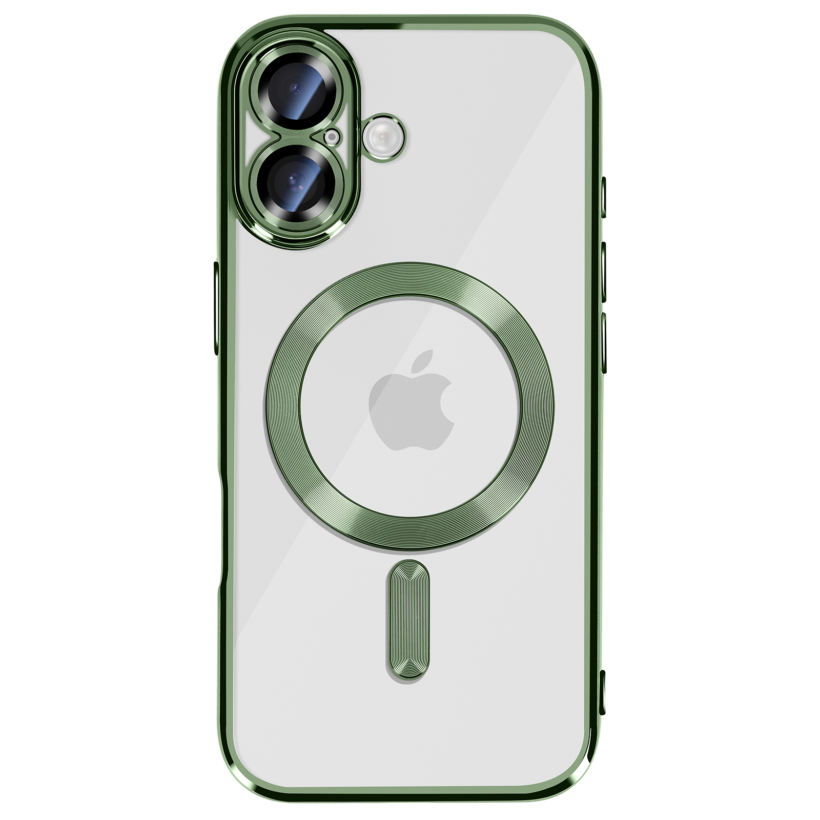 Coque de téléphone transparente avec des accents verts. La coque a un cadre vert, un anneau de caméra et un cercle magnétique avec le logo Apple.