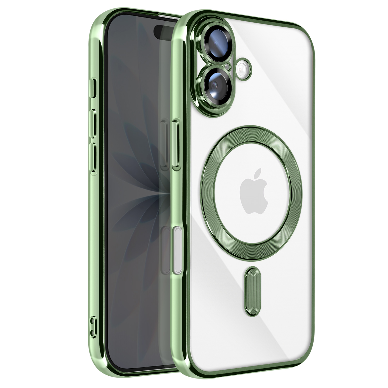 Coque de téléphone à cadre vert sur fond blanc. Le téléphone est à l'intérieur. Logo Apple visible. Objectifs de caméra en évidence.