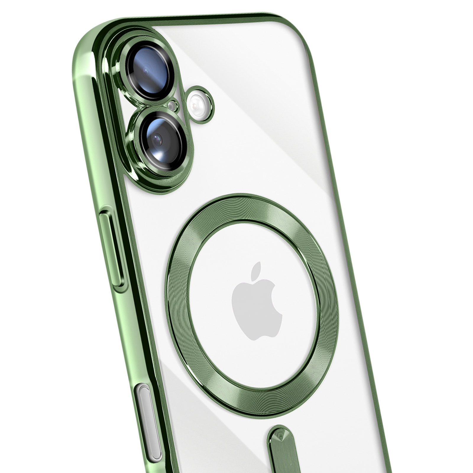 Coque verte pour iPhone, avec objectifs d'appareil photo et logo Apple. Dispose d'un cadre vert métallique et d'un dos transparent.