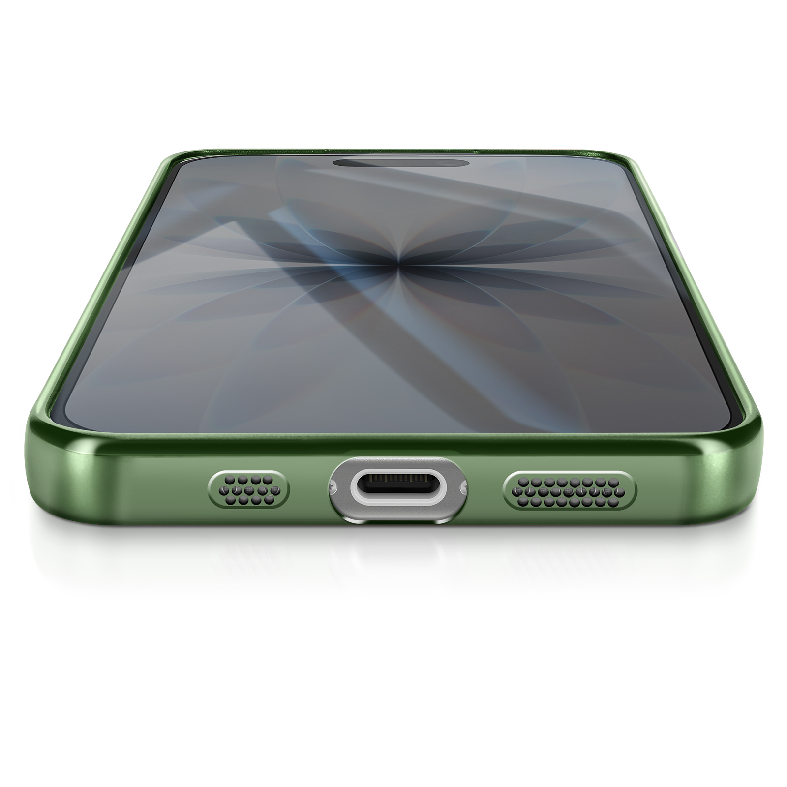 Coque de téléphone verte sur une surface blanche. L'écran affiche un motif flou. Le boîtier a un port de charge et des trous.