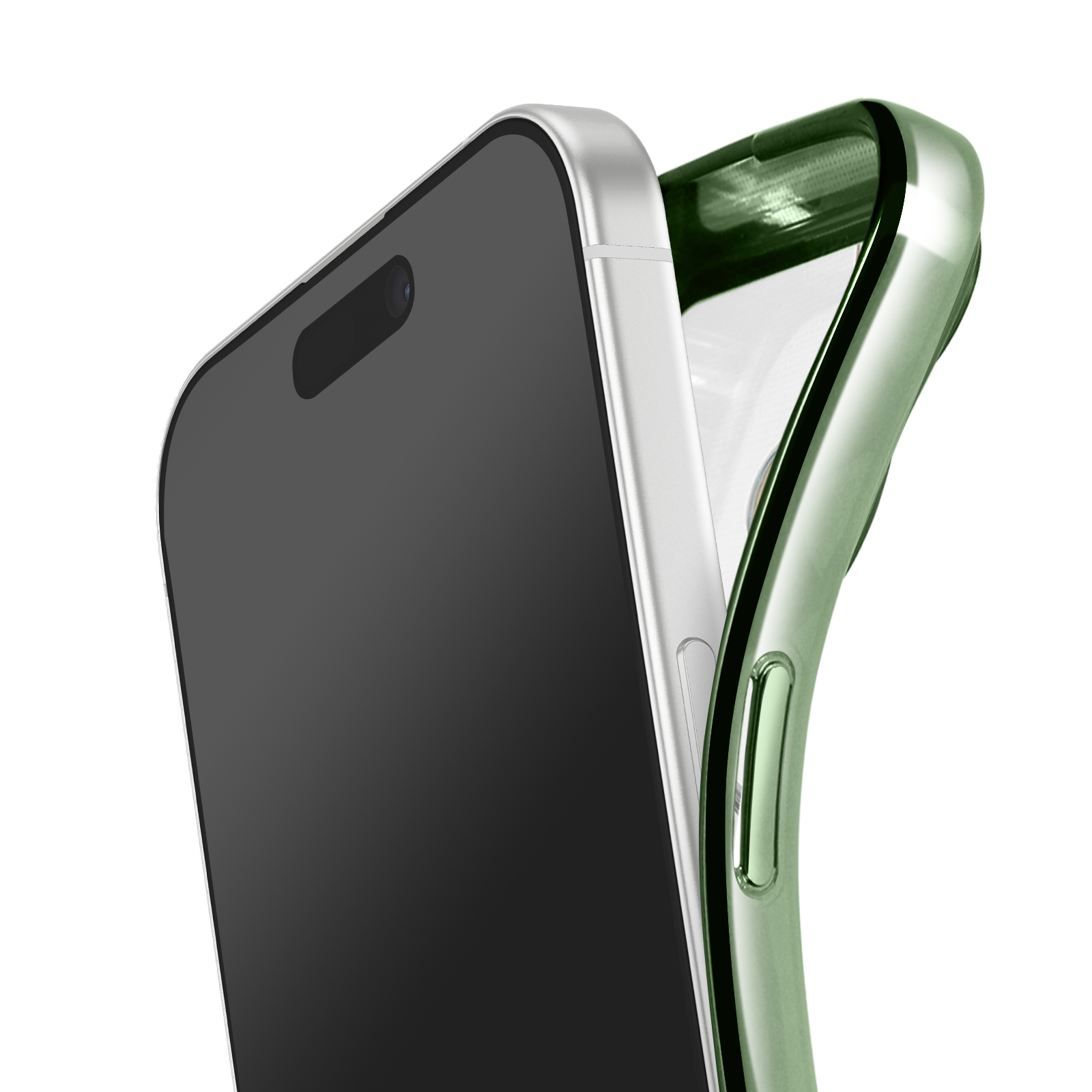 Un smartphone dans un étui vert, sur fond blanc. Le téléphone a un écran sombre et une caméra.