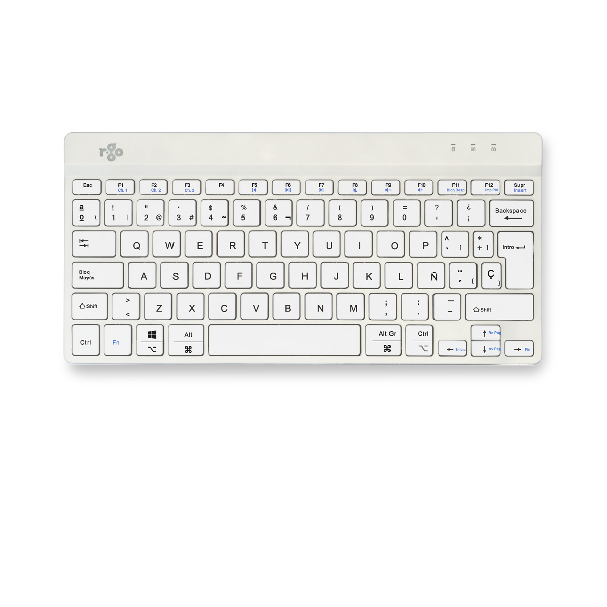 Eine weiße kabellose Tastatur mit schwarzen Tasten. Enthält Funktionstasten, Buchstaben, Zahlen und Symbole. Die Tastatur liegt auf einer weißen Oberfläche.