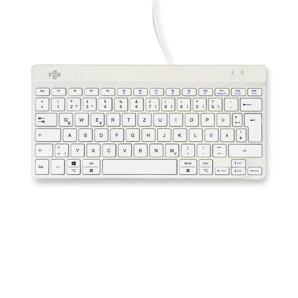 Eine weiße Tastatur mit schwarzen Tasten und Funktionstasten. Ein Kabel ist oben angeschlossen.