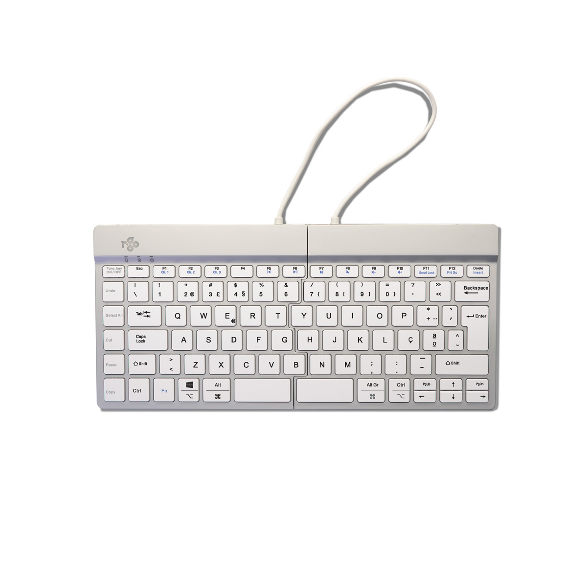 Un teclado blanco con teclas blancas y un cable blanco sobre fondo blanco. Teclas etiquetadas.
