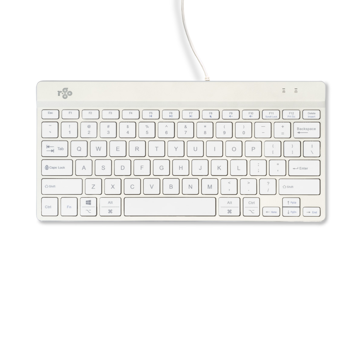 A white keyboard with black keys and white cable, seen from above. Keys include letters, numbers, and symbols.
