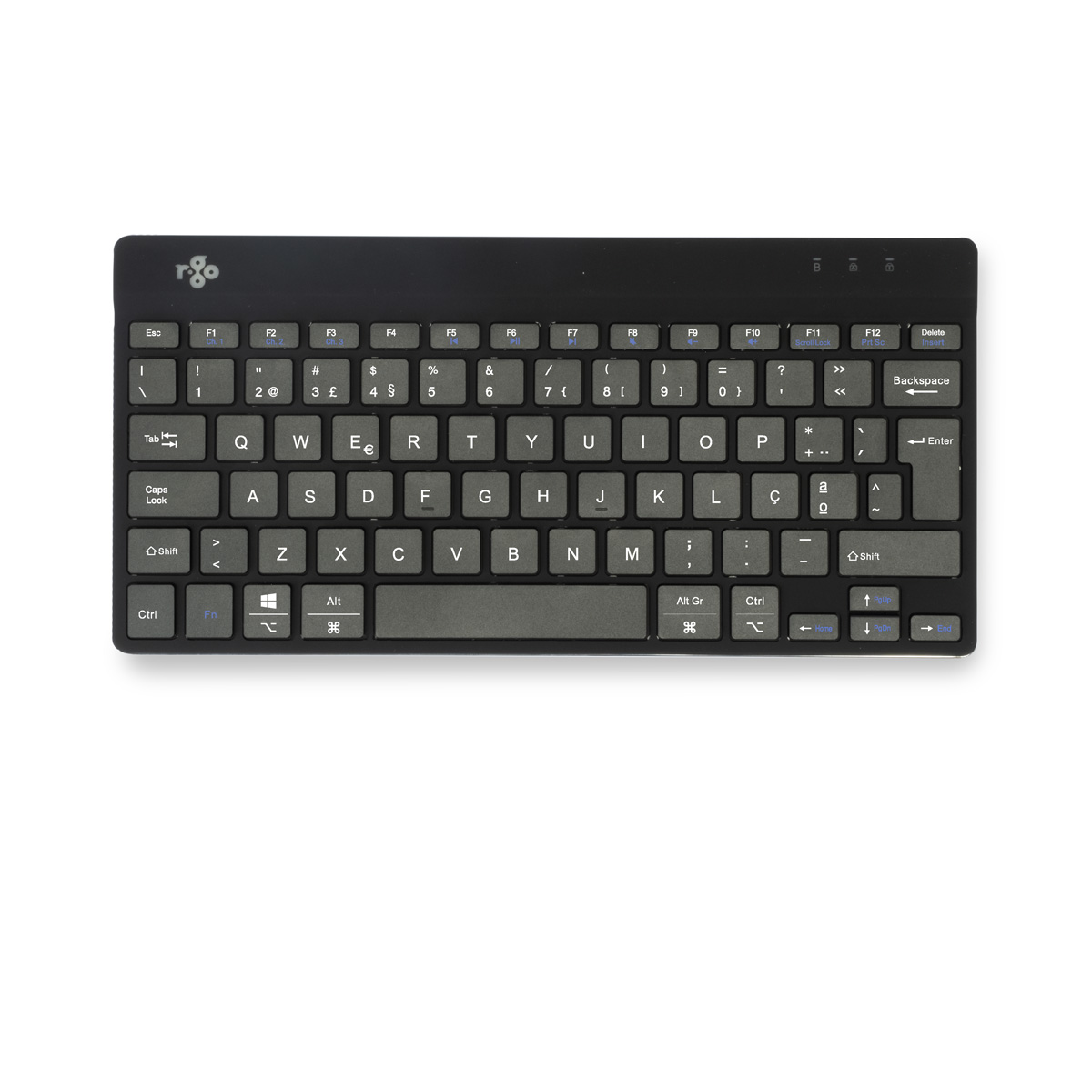 Un teclado inalámbrico negro sobre una superficie blanca. Tiene teclas grises claras con letras y símbolos blancos.