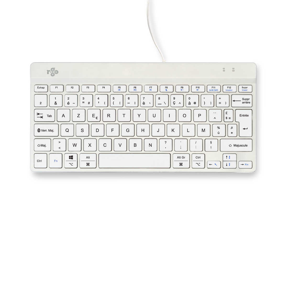 Un teclado blanco con diseño francés. Incluye teclas de función, alfanuméricas y un cable en la parte superior.