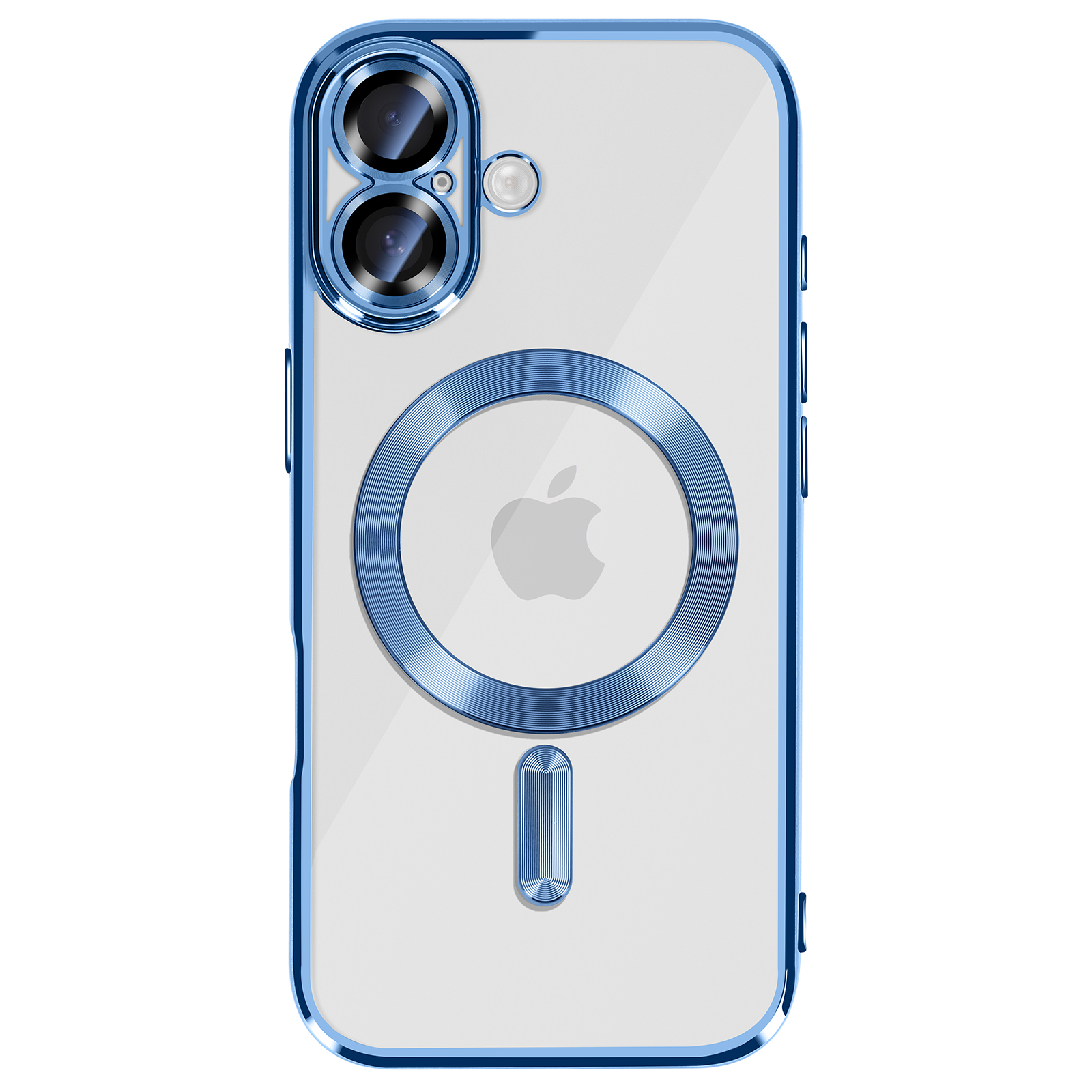 Coque de téléphone transparente avec accents bleus. Comprend des découpes pour l'appareil photo, un anneau MagSafe, le logo Apple et une fente de chargement magnétique.