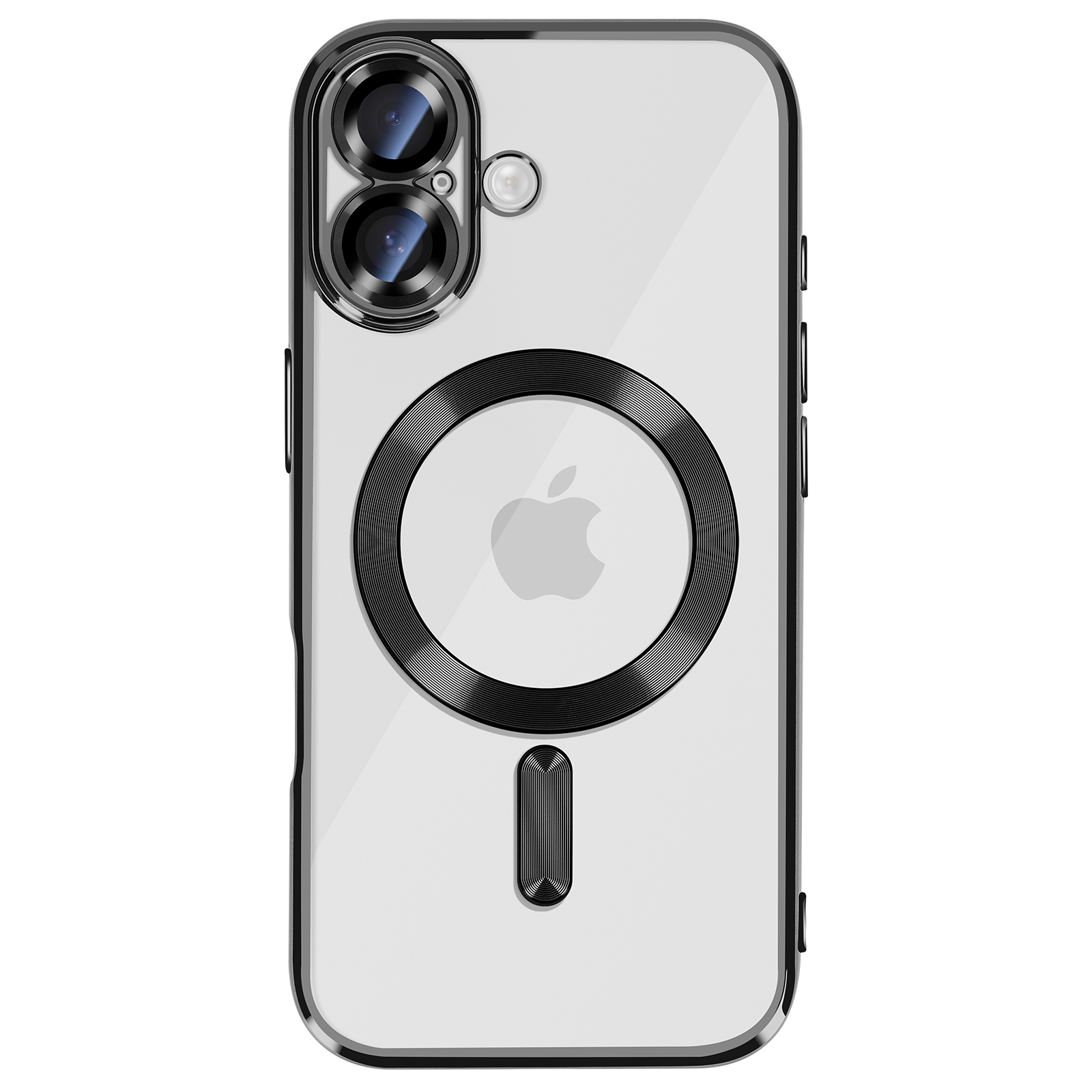 Coque de téléphone transparente avec bords noirs. Logo Apple et détails de l'appareil photo visibles. Anneau magnétique et port de charge.
