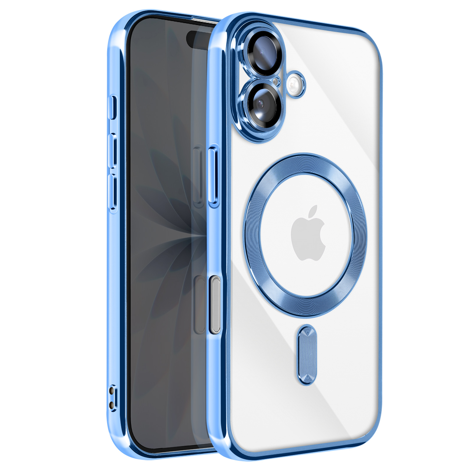 Coque de téléphone transparente avec bordure bleue. Le téléphone est visible à travers la coque, montrant son écran et le logo Apple.