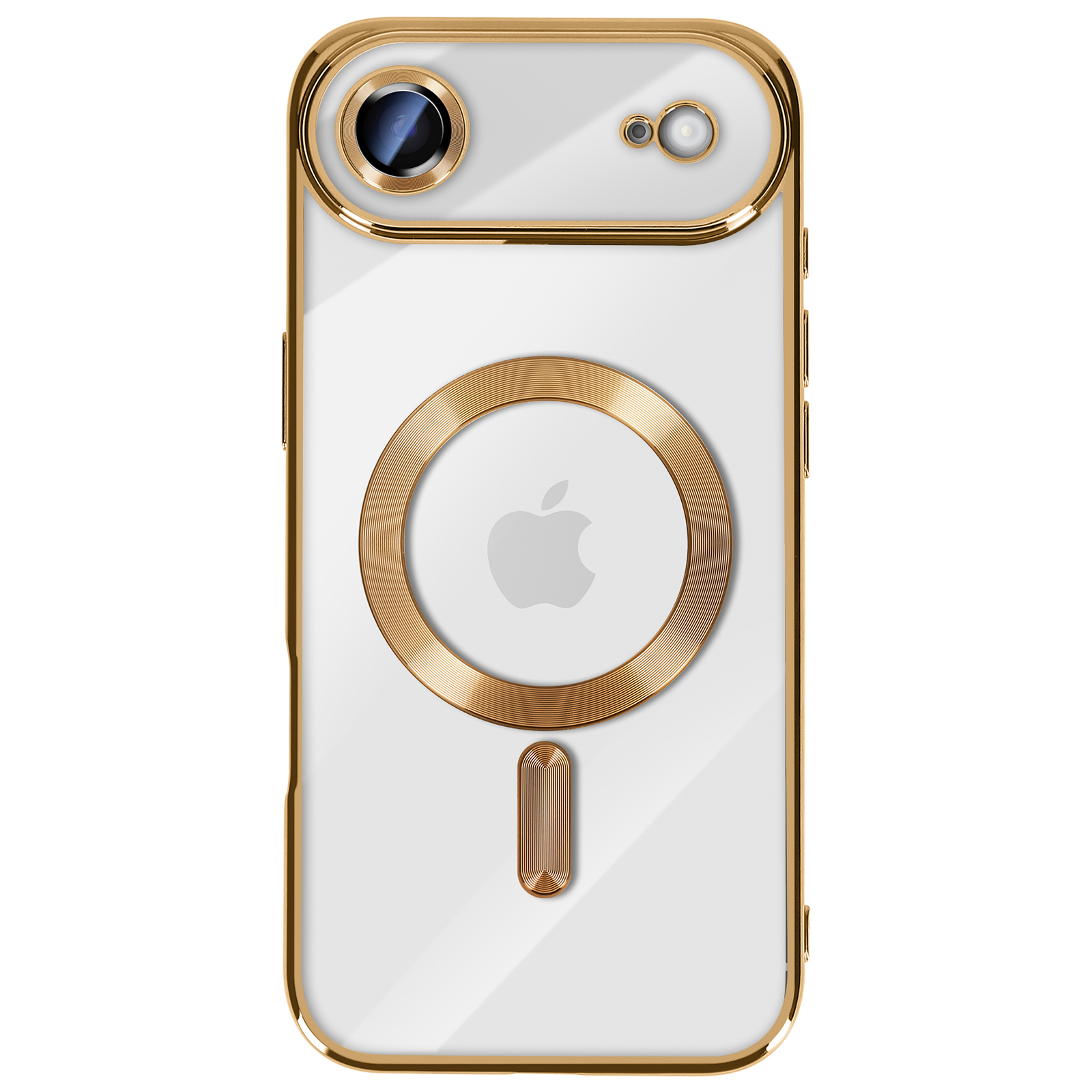 Een transparante iPhone-hoes met gouden rand. Het heeft een gouden cirkel en een gouden rechthoek op de achterkant.