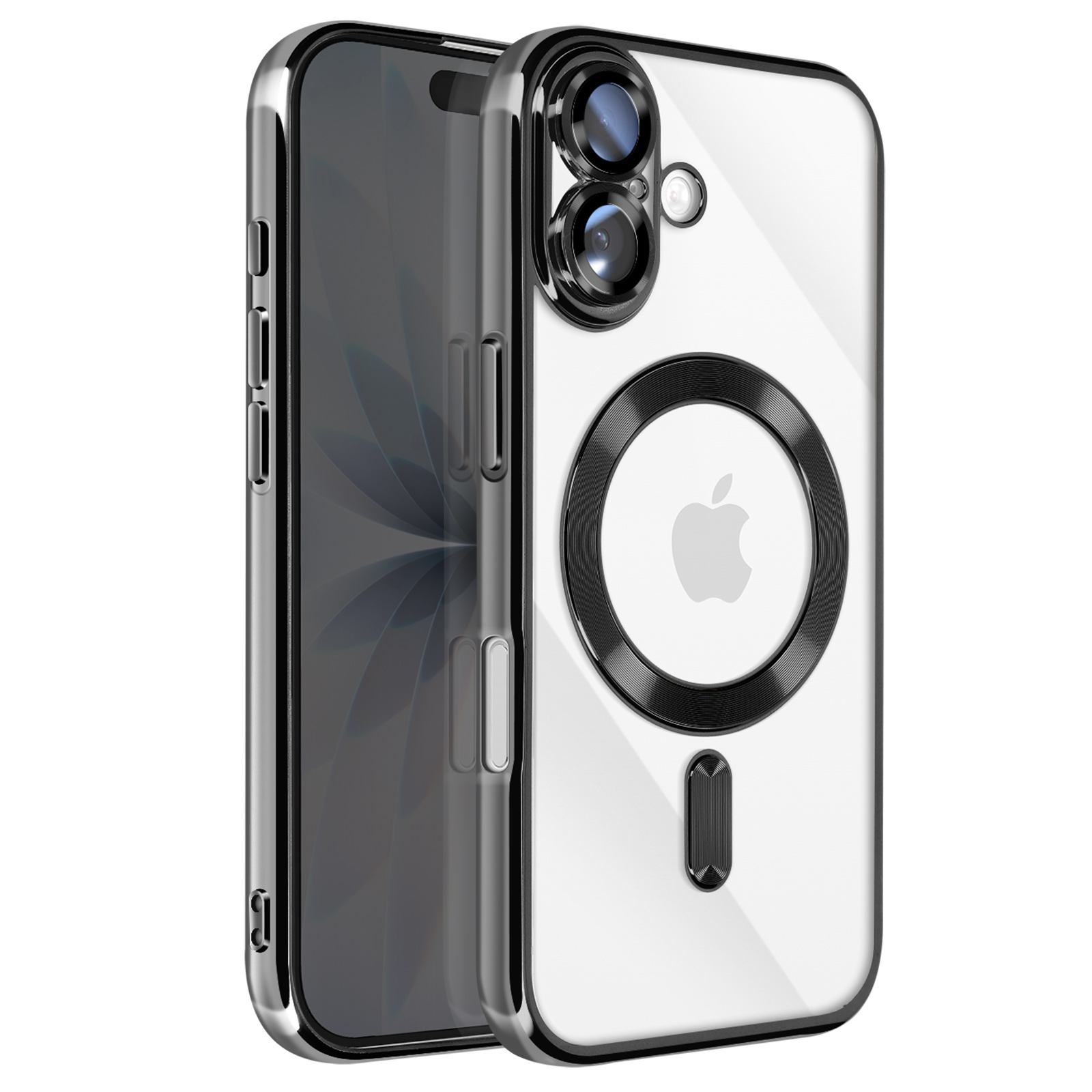 Coque de téléphone transparente avec cadre argenté et détails noirs. Comprend des objectifs d'appareil photo, le logo Apple et un anneau MagSafe. Fond blanc.