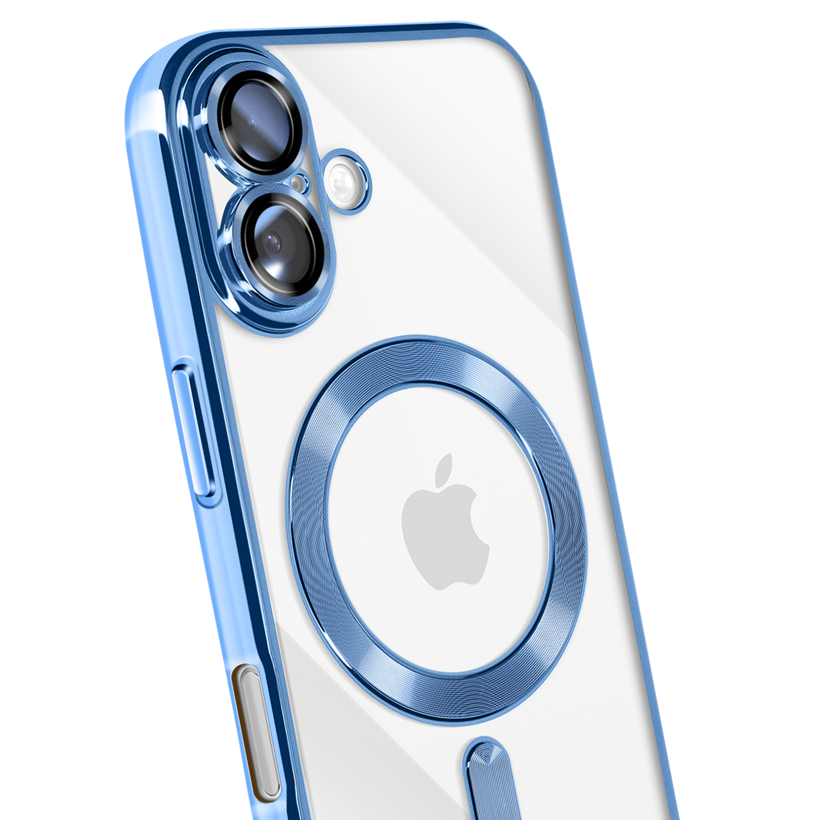 Coque de téléphone bleue avec découpes pour appareil photo et logo Apple. Dos transparent et cadre bleu. Fond blanc.