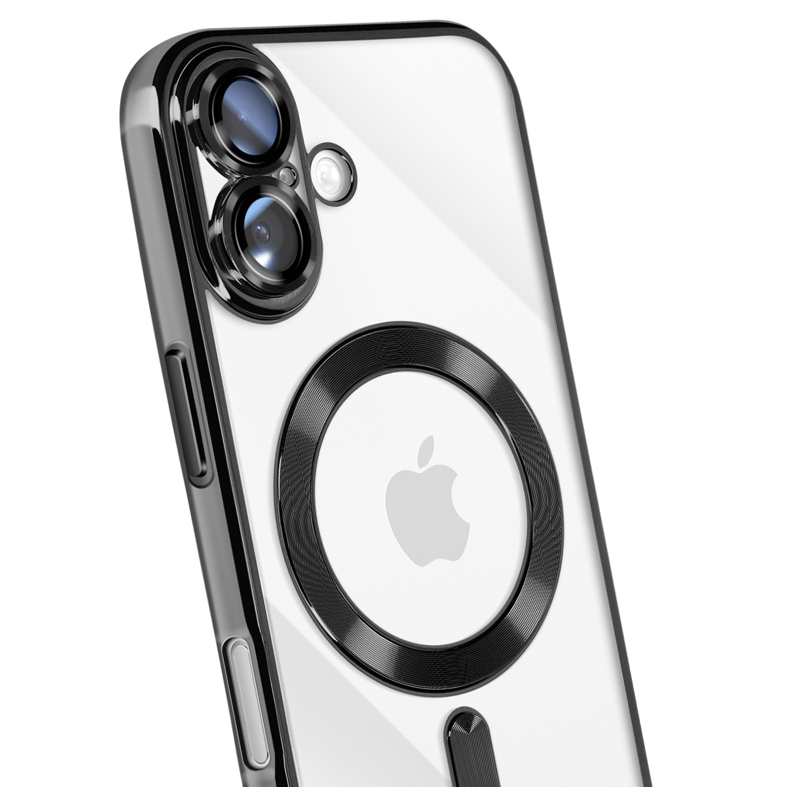 Coque de téléphone transparente avec accents noirs. Objectifs de caméra et logo Apple visibles. Fond blanc.