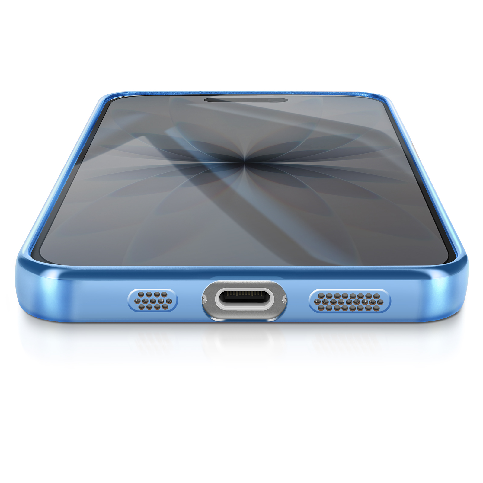 Un smartphone bleu avec un écran noir, à plat. Montre le port de chargement et les trous du haut-parleur.