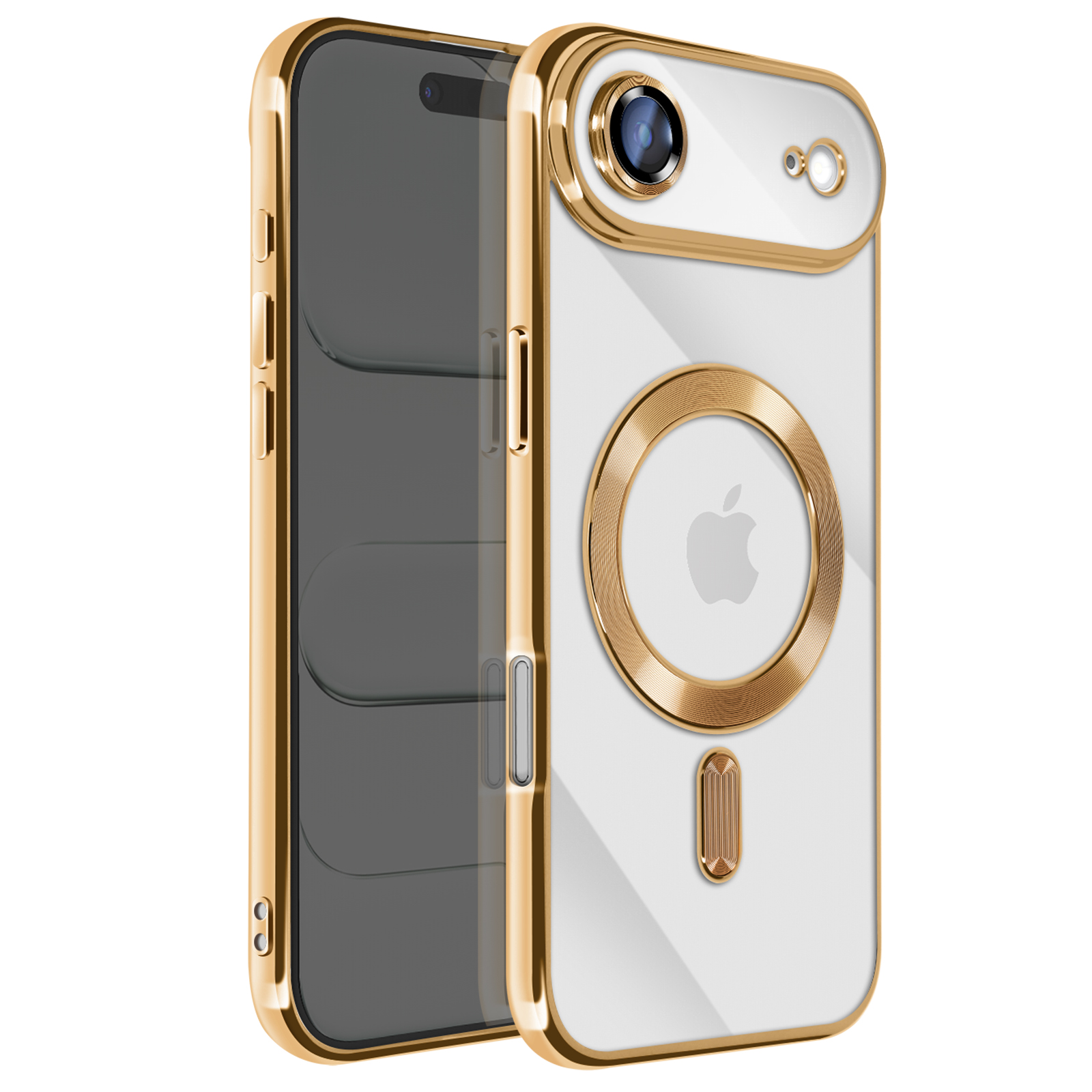 Een goudkleurige telefoonhoes, met een witte achterkant. Het heeft een uitsparing voor de camera, Apple-logo en gouden accenten.