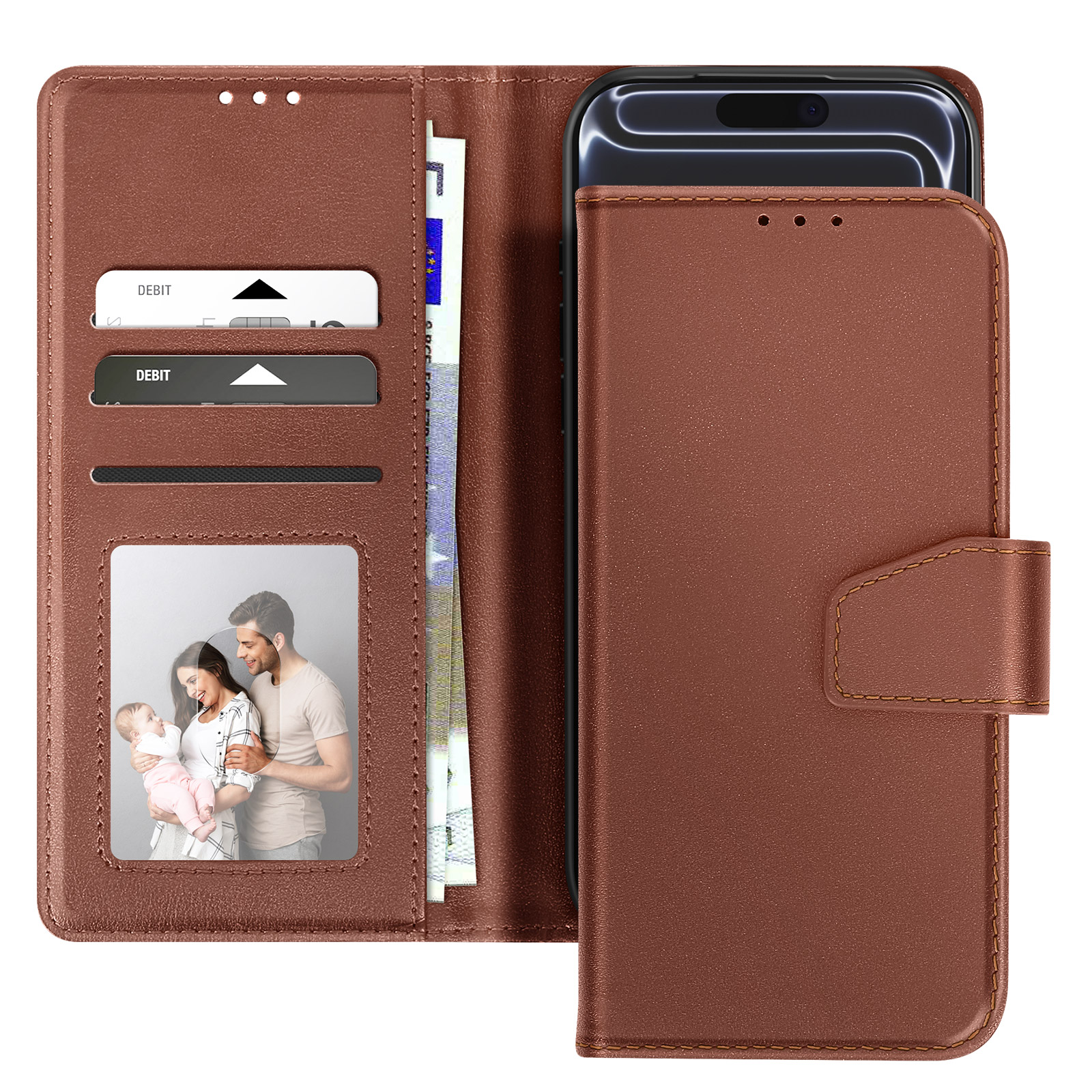 Custodia per telefono in pelle marrone. Interno: carte, denaro, foto di famiglia. Contiene un telefono.