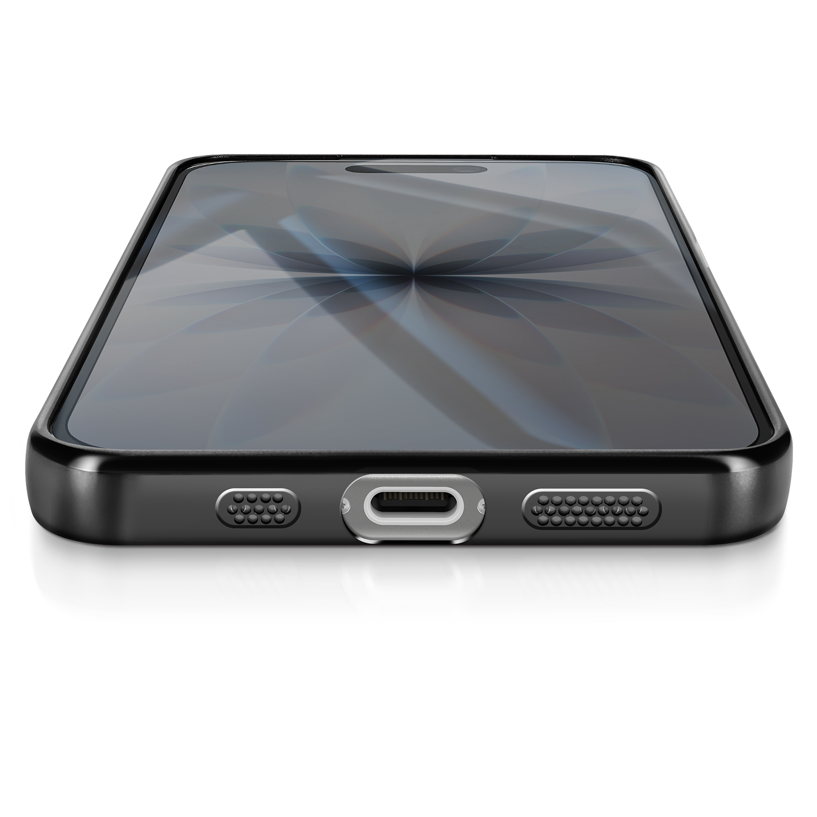Gros plan d'un smartphone noir sur une surface blanche. L'écran affiche un motif.