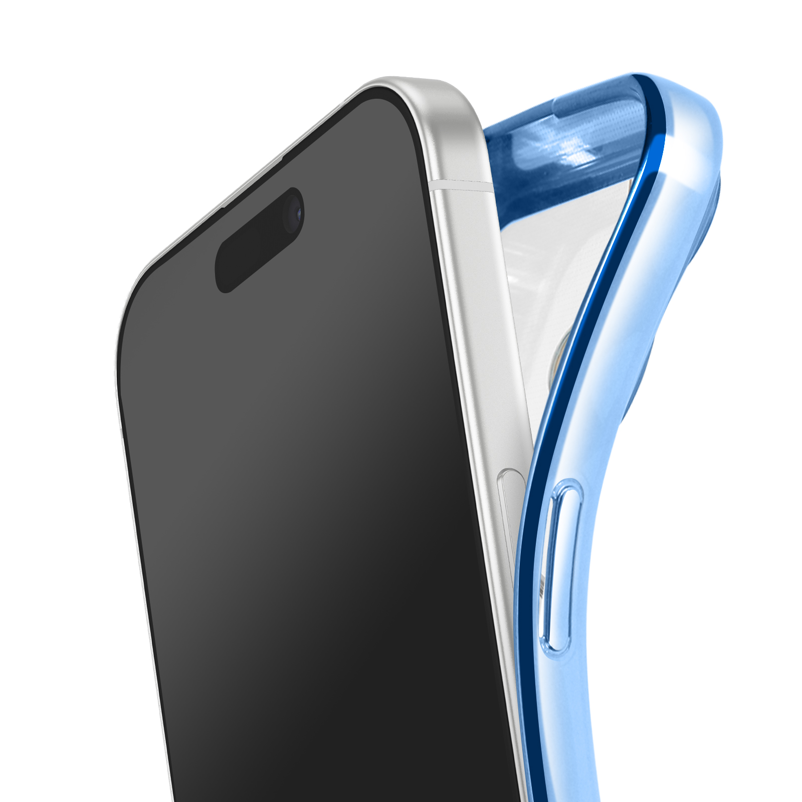 Un smartphone dans un étui bleu transparent est présenté. Le téléphone est noir et argenté.