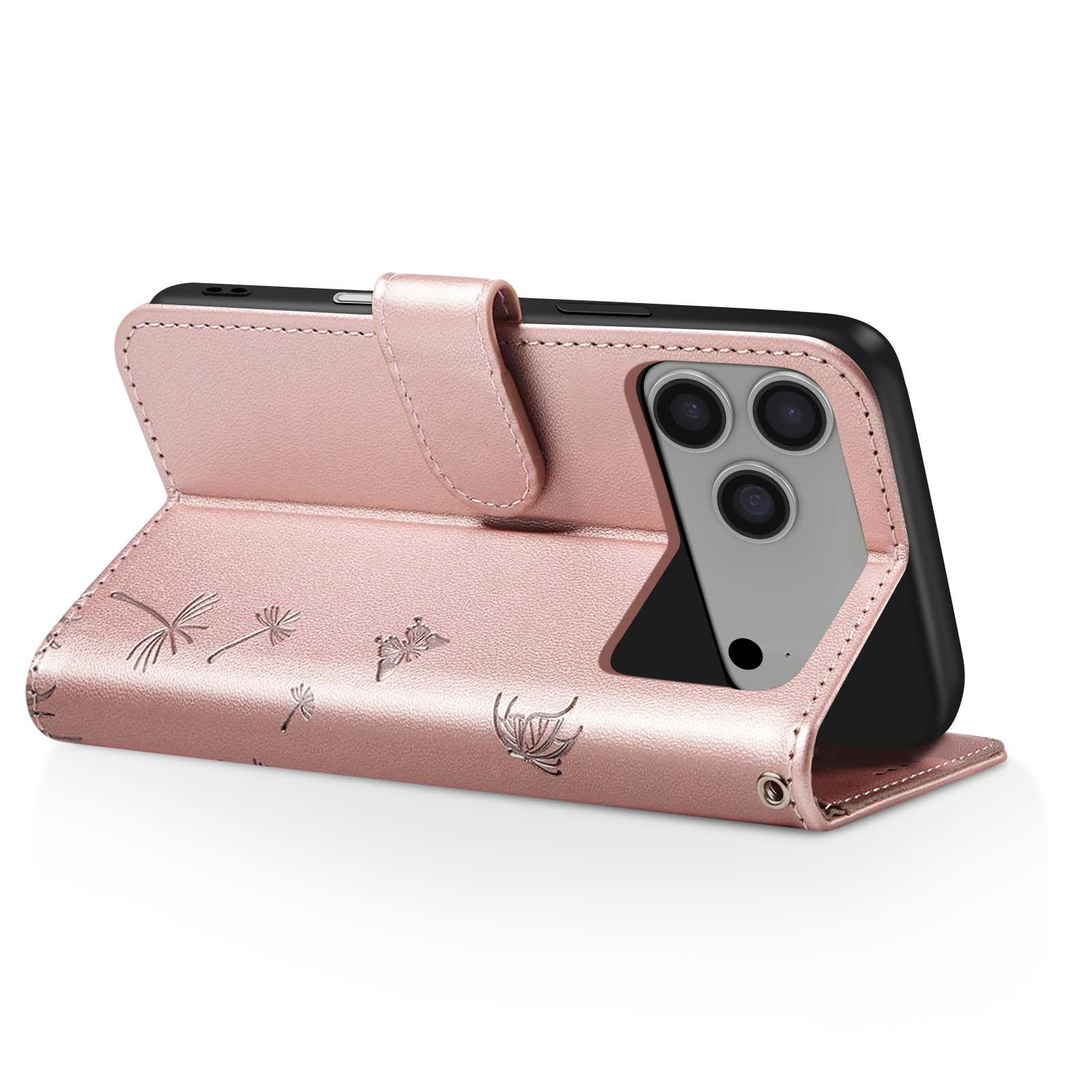 Una custodia per telefono oro rosa contiene un telefono. La custodia è decorata con motivi floreali.