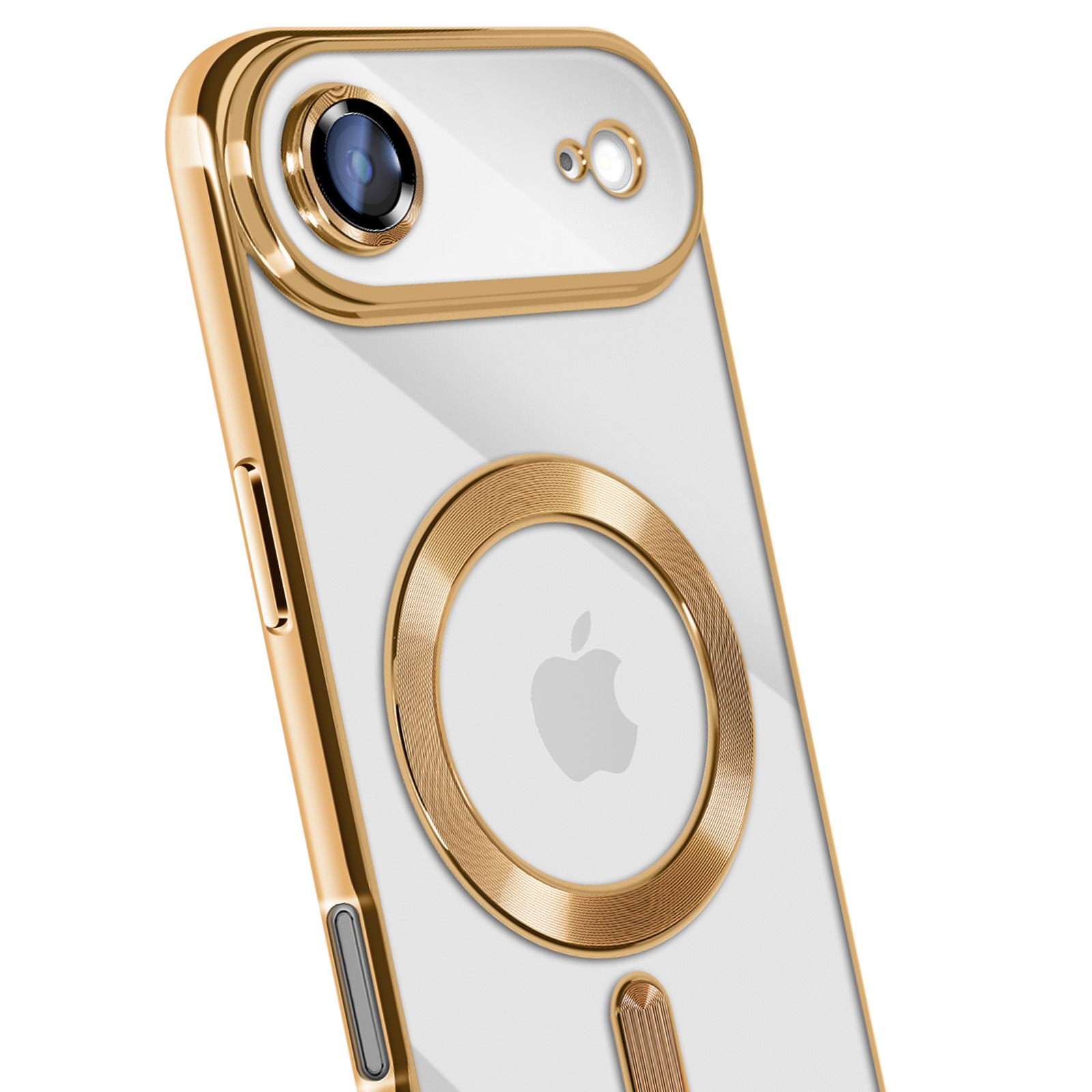 Een goudkleurige telefoonhoes. Het heeft een witte achterkant met een gouden ring en een Apple-logo. Het frame is goud.