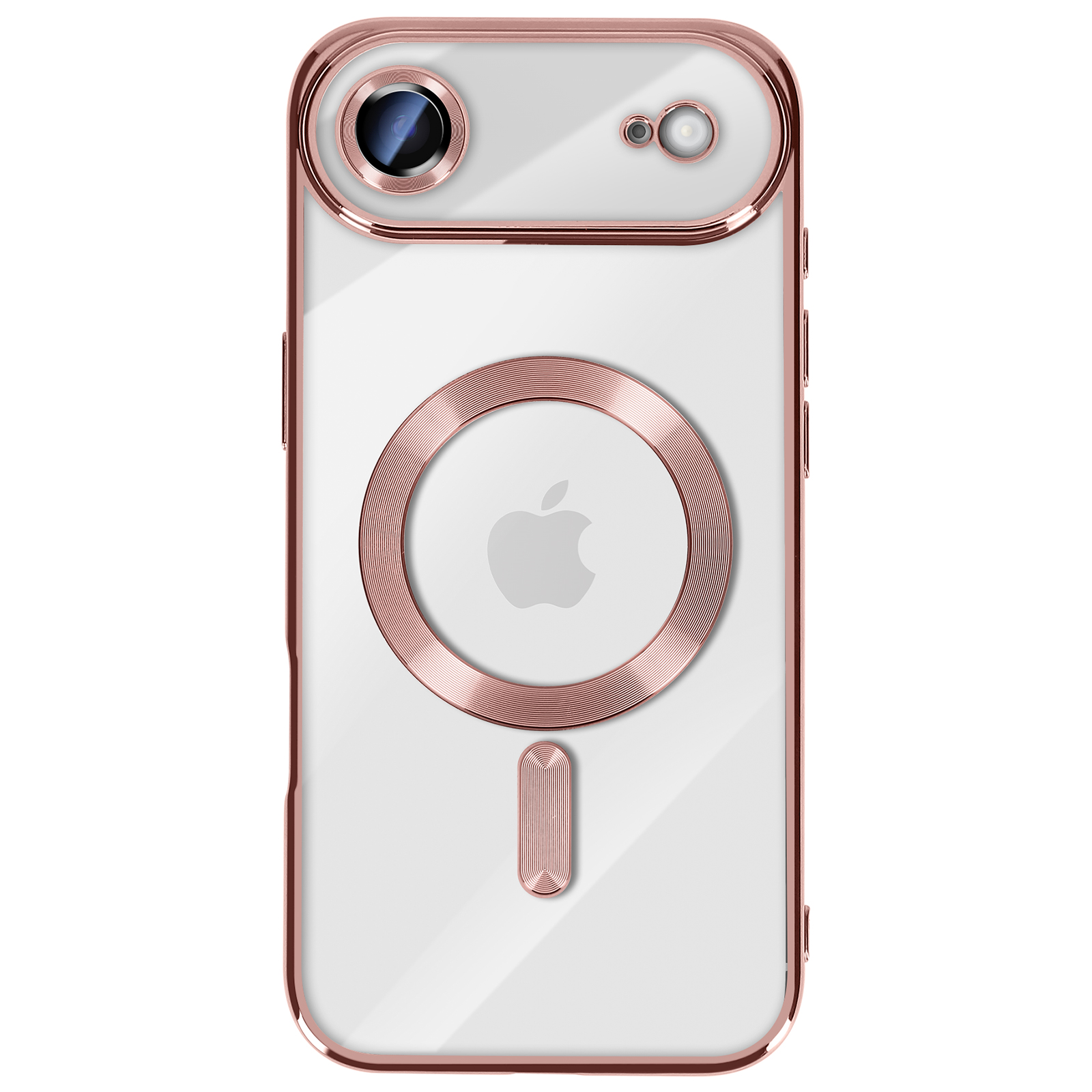 Transparante telefoonhoes met roségouden rand. Voorzien van Apple-logo, camera-uitsparingen en magnetische ring.
