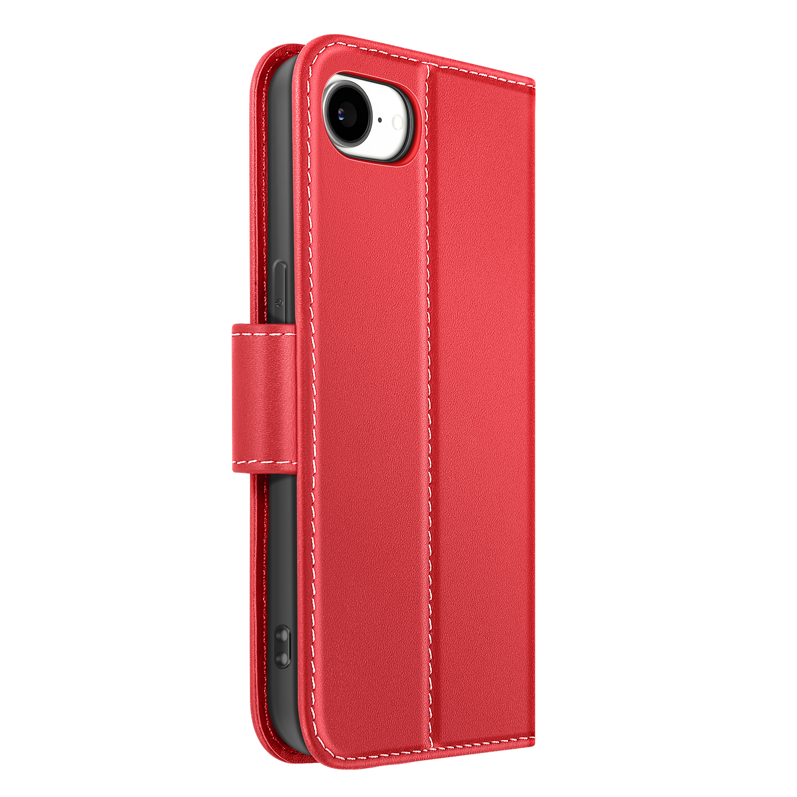 Custodia per telefono in pelle rossa con cuciture bianche. Mostra la fotocamera del telefono. La custodia è chiusa con un cinturino.