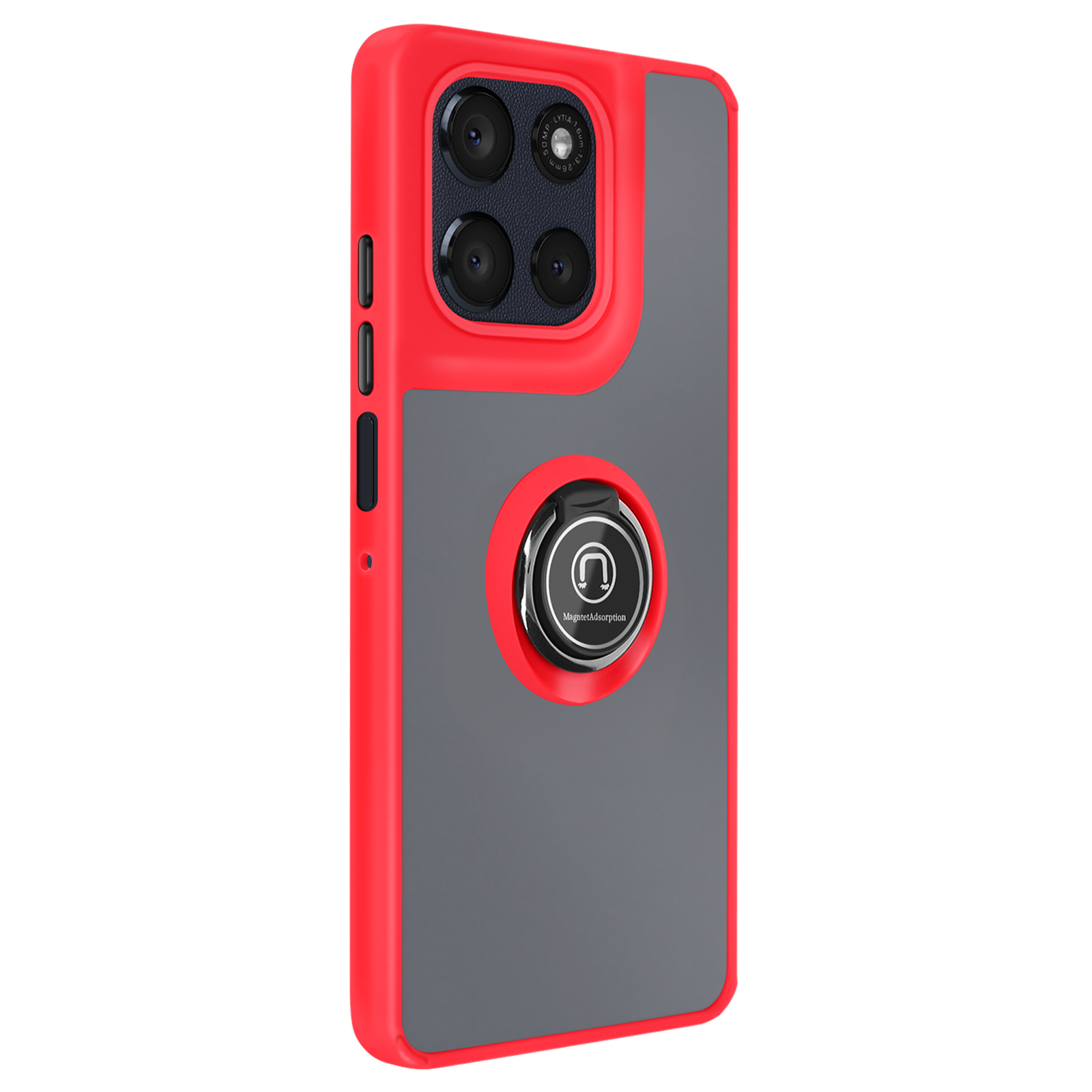 Un étui de téléphone rouge et gris avec un support de bague. L'étui a plusieurs objectifs d'appareil photo.