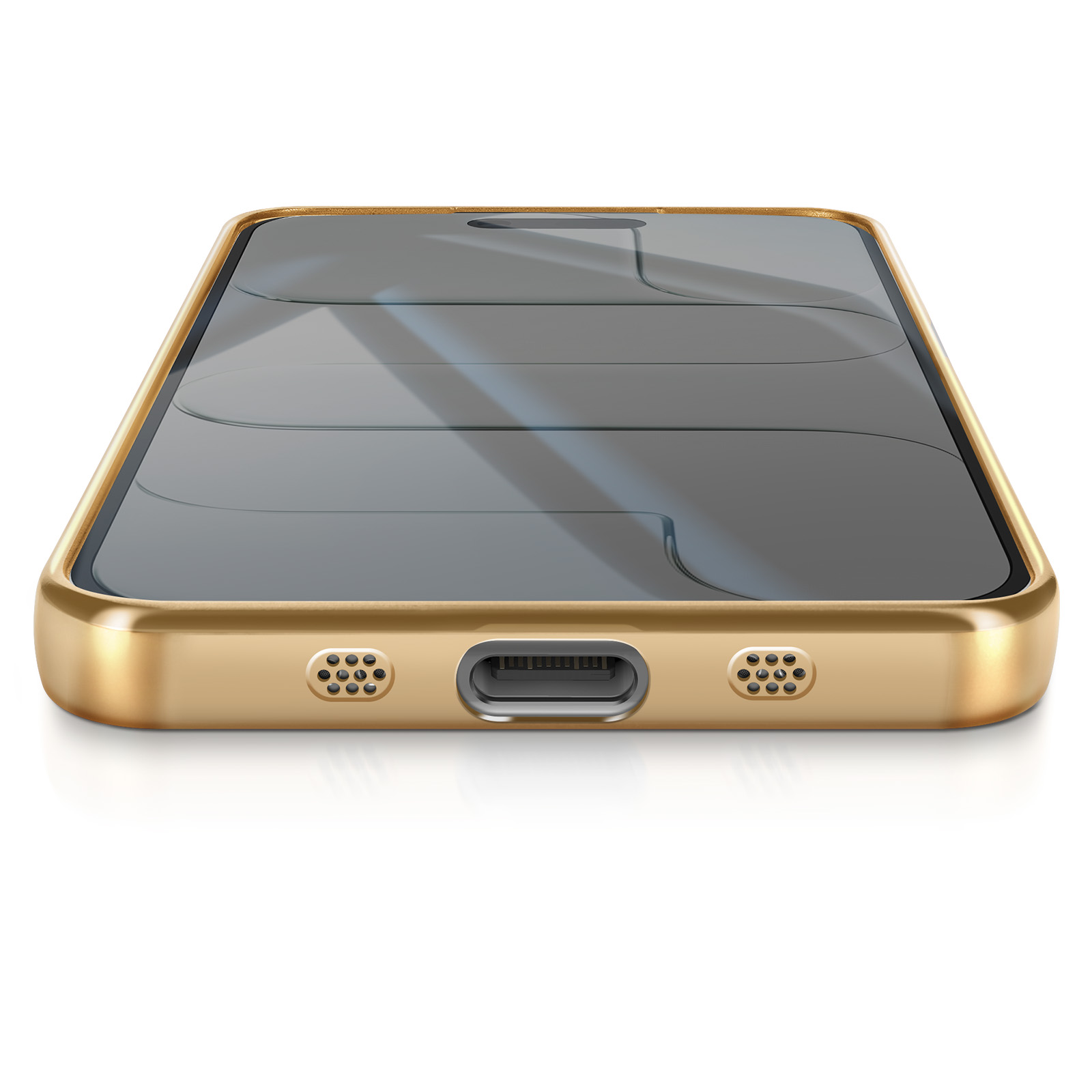 Gouden telefoon met een grijs scherm, met een reflectie. De telefoon heeft een oplaadpoort en luidsprekergaten aan de onderkant.