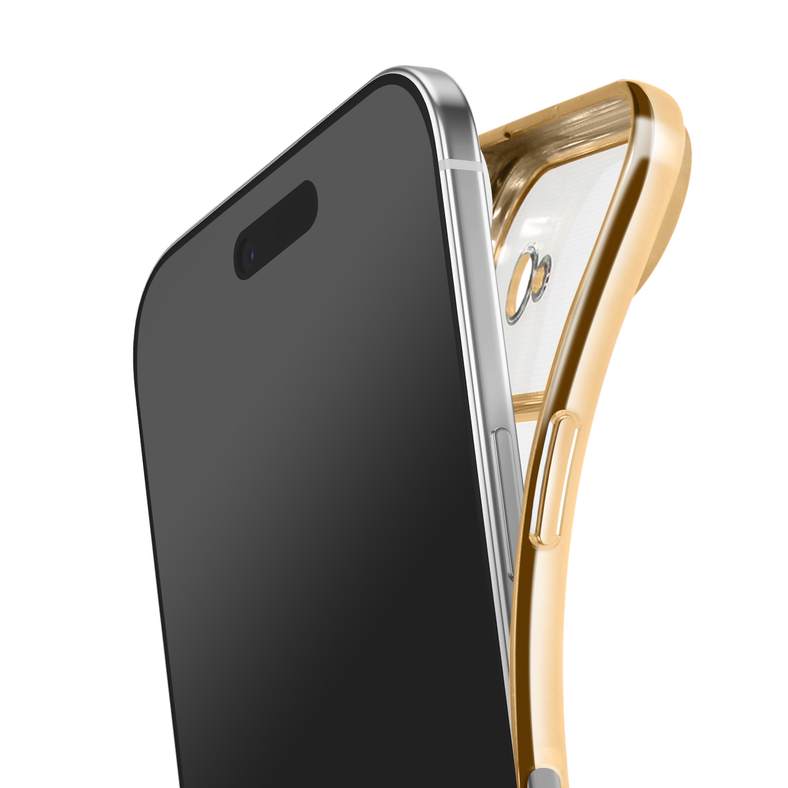Een smartphone met zwart scherm en een goudkleurige beschermhoes tegen een witte achtergrond.