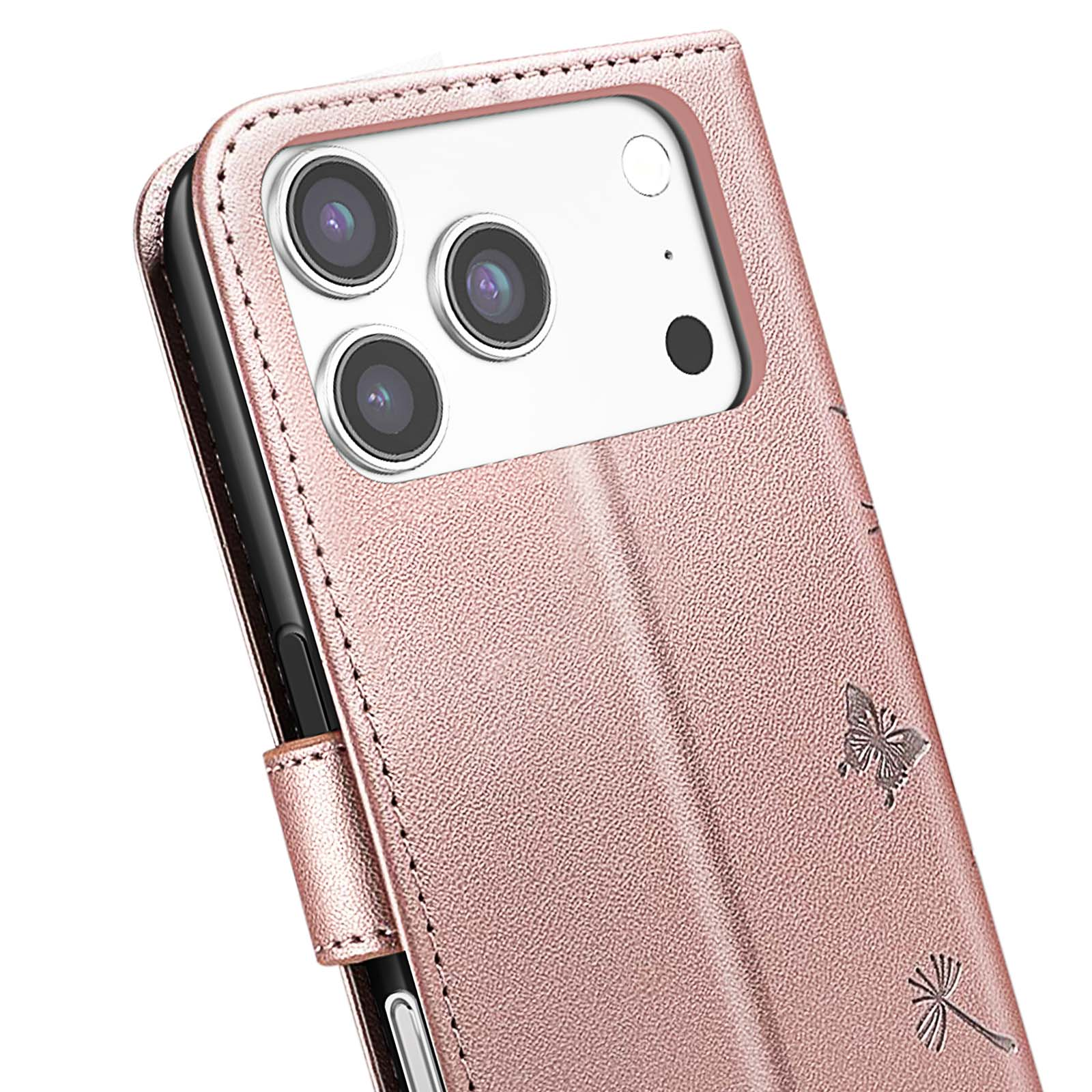 Custodia per telefono rosa con più obiettivi e disegni di farfalle e piante.