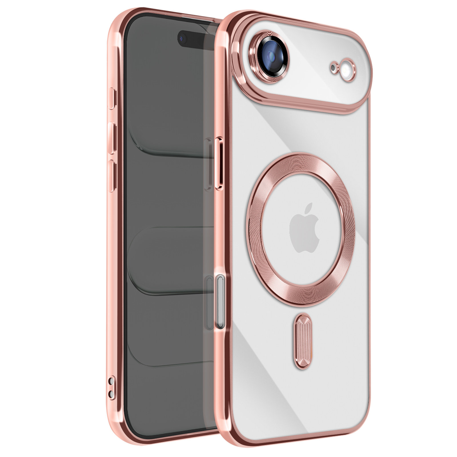 Een roségouden telefoonhoesje met een doorzichtige achterkant wordt naast een telefoon weergegeven. De hoes heeft een Apple-logo.