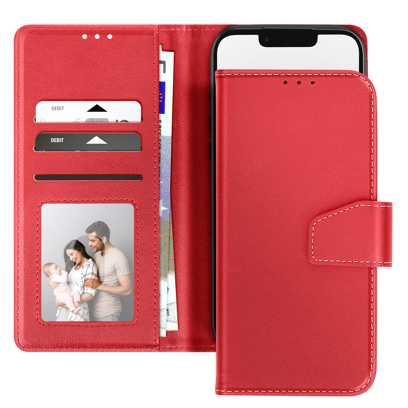Custodia per telefono rossa con telefono. Ha scomparti per carte, una foto di famiglia e una chiusura.