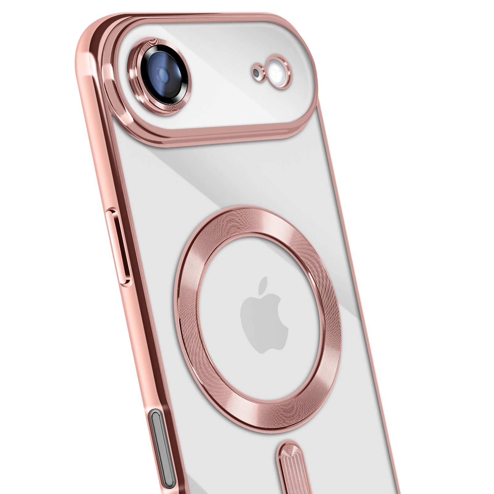 Roségouden telefoonhoesje met cameralens en Apple-logo. Transparante achterkant. Metalen ring en frame. Schuine weergave.
