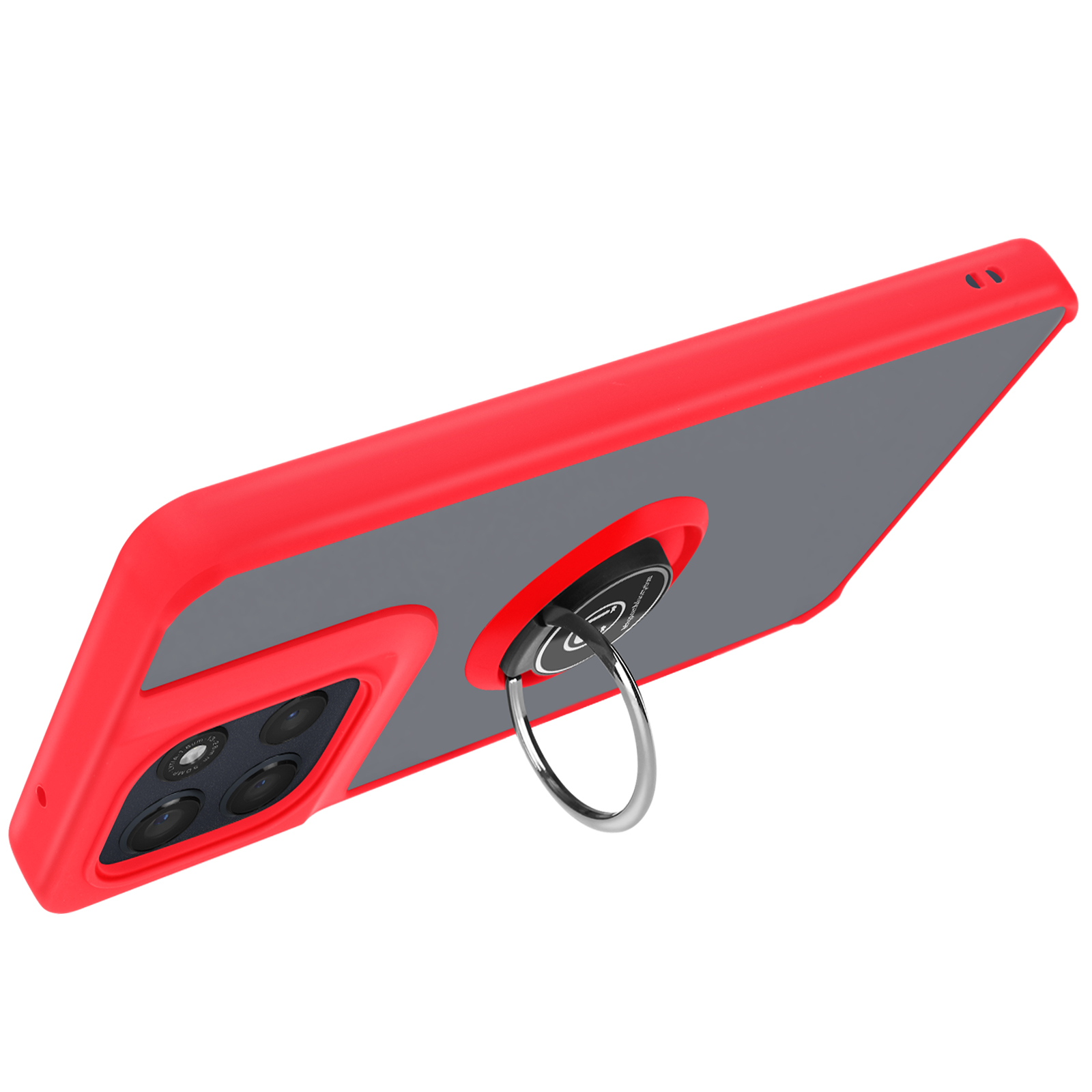 Coque de téléphone rouge avec anneau, dos gris et objectifs de caméra. Elle est inclinée.