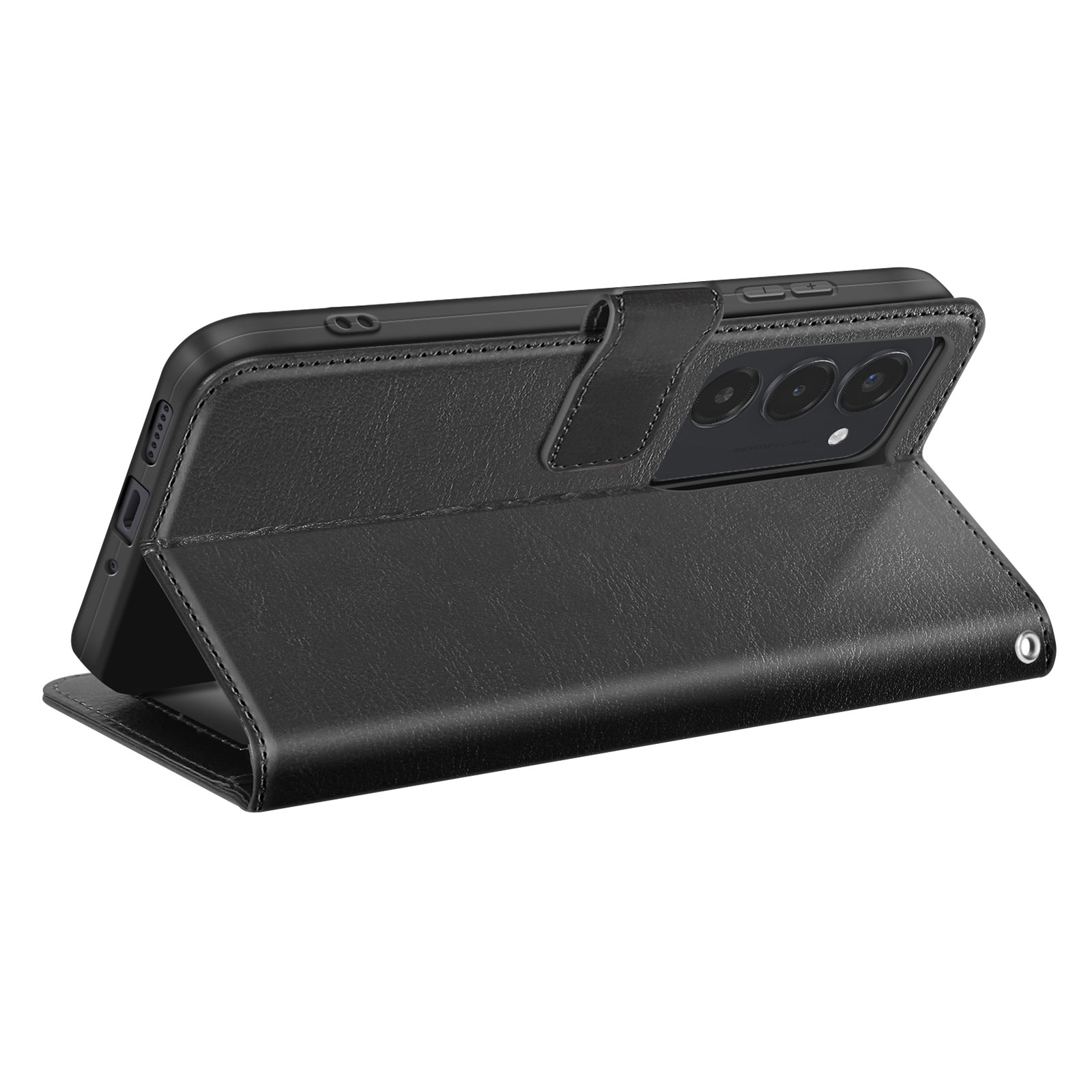 Schwarze Leder-Handyhülle, geöffnet. Das Telefon ist eingesetzt. Die Hülle hat einen Magnetverschluss und einen Kameraausschnitt.