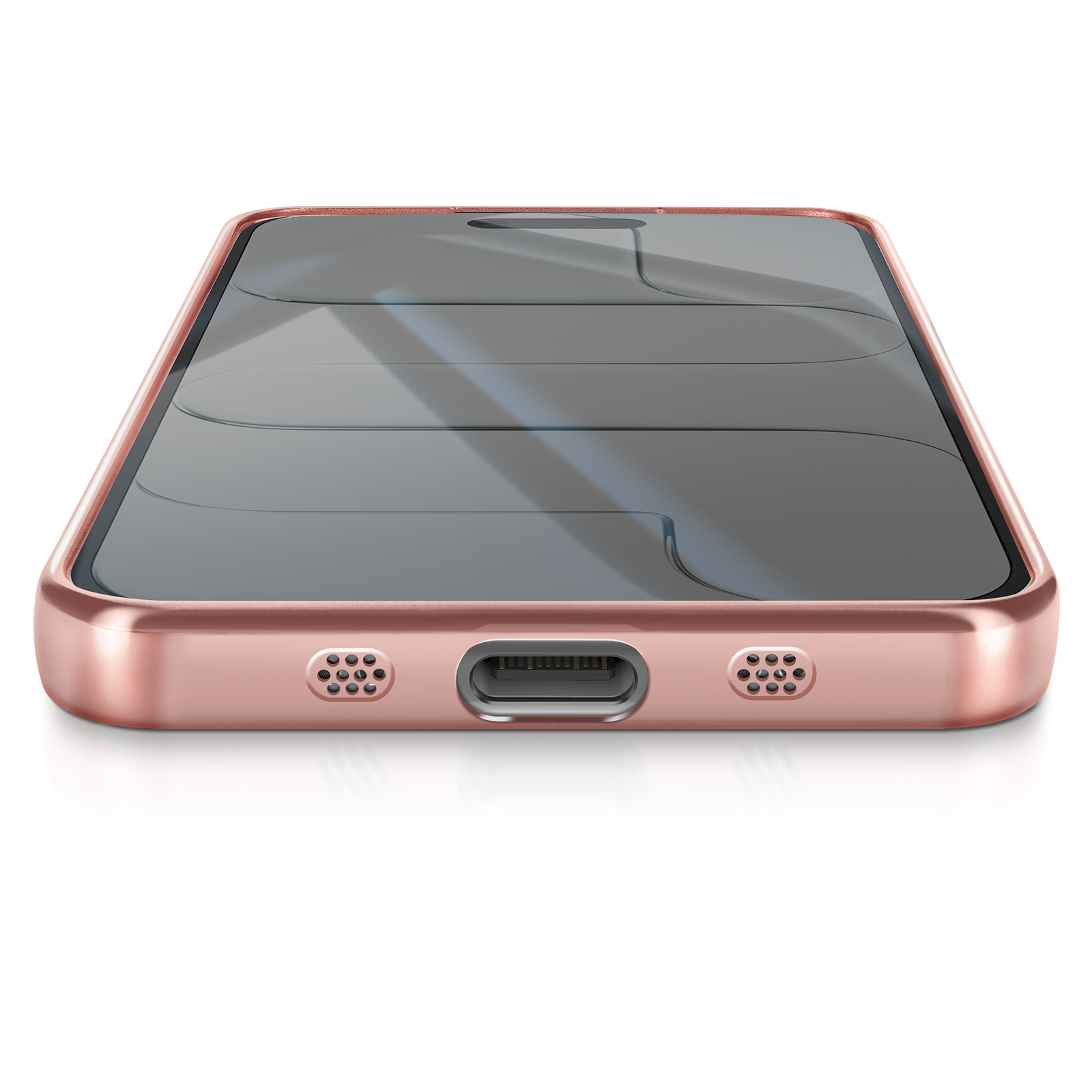 Roségouden smartphone op wit. Scherm is zwart. Heeft luidsprekers, oplaadpoort en een roségouden behuizing.