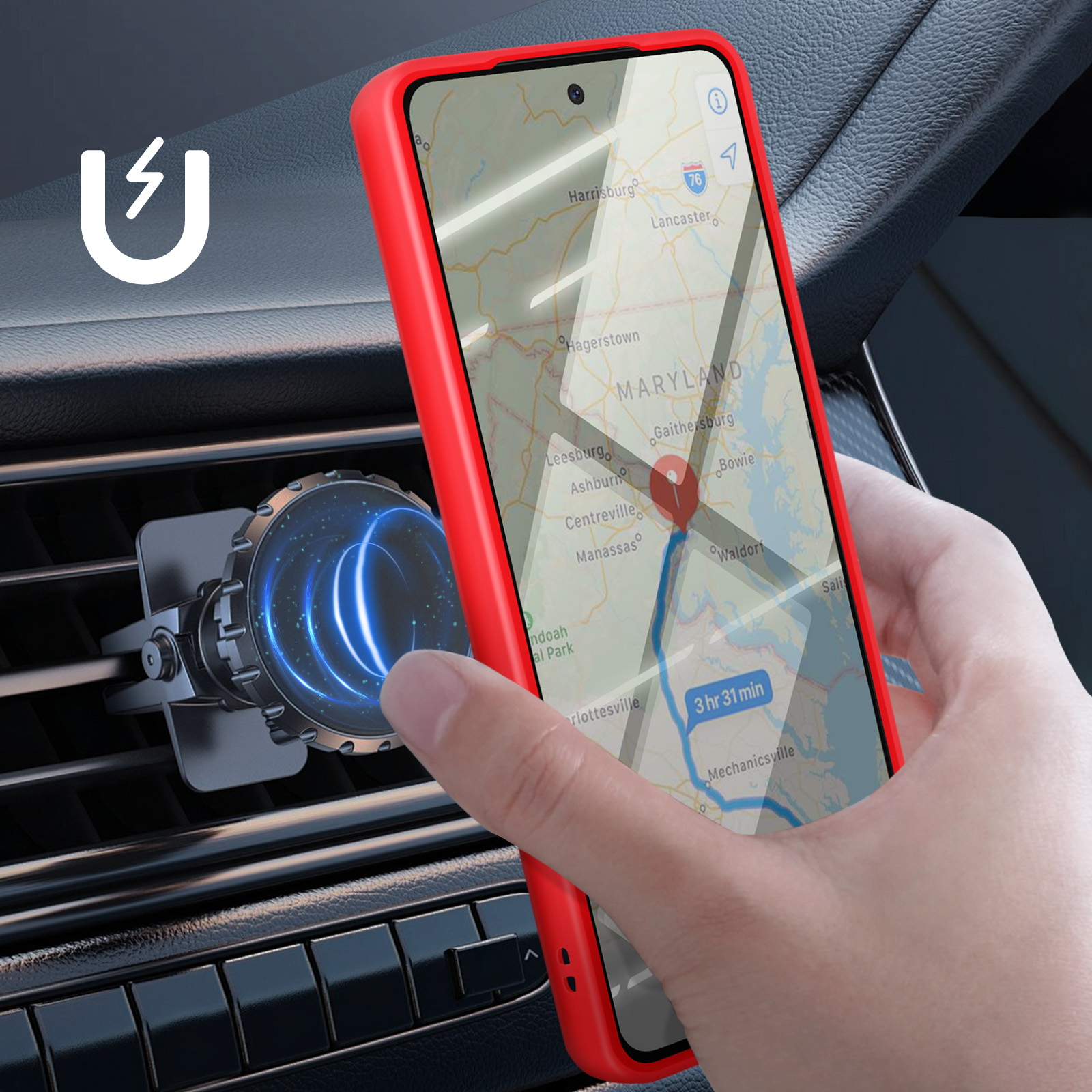 Un téléphone avec un étui rouge affiche une carte, tenu en main. Monté sur une ventilation de voiture.