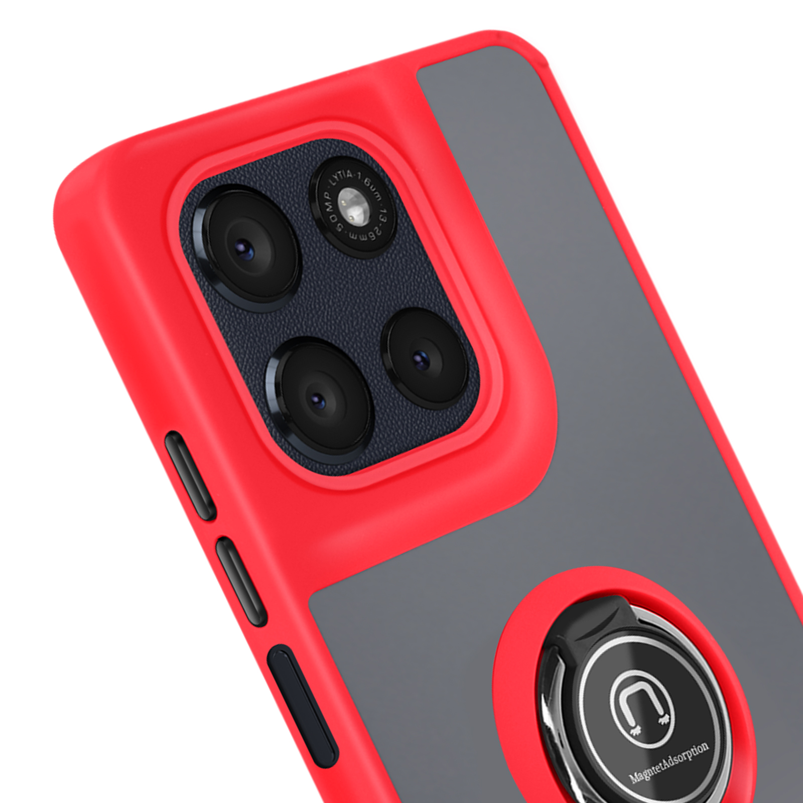 Coque de téléphone rouge et grise avec quatre lentilles et une bague magnétique. La coque est inclinée.
